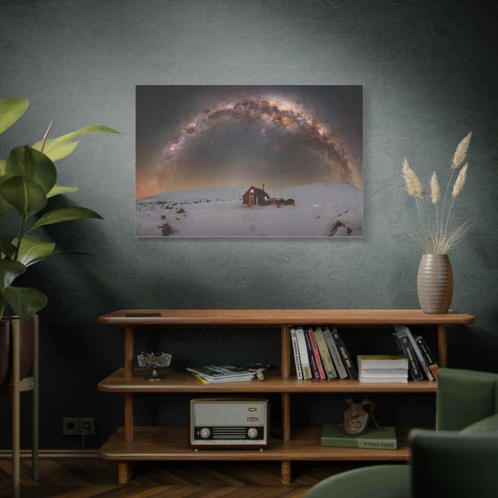 Milky Way Over Snowy Cabin — Matte Stretched Canvas Wall Art