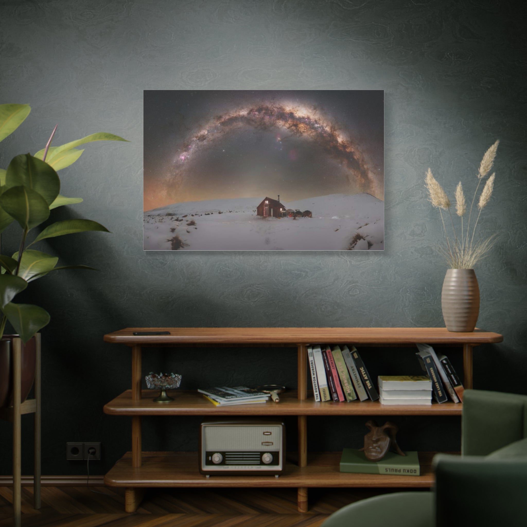 Milky Way Over Snowy Cabin — Matte Stretched Canvas Wall Art