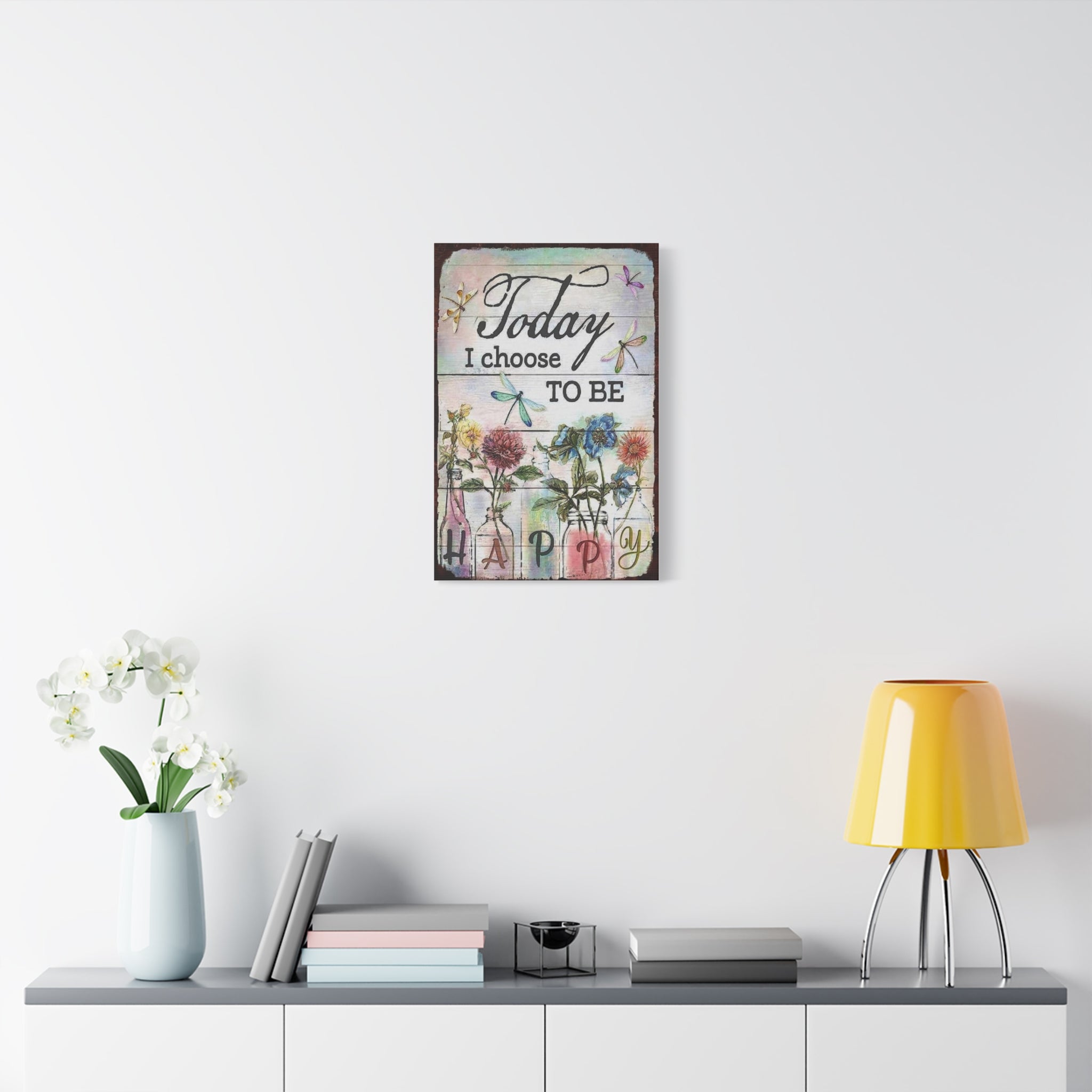 Today I Choose To Be Happy Canvas Wall Art — Floral Dragonfly Inspirational Quote