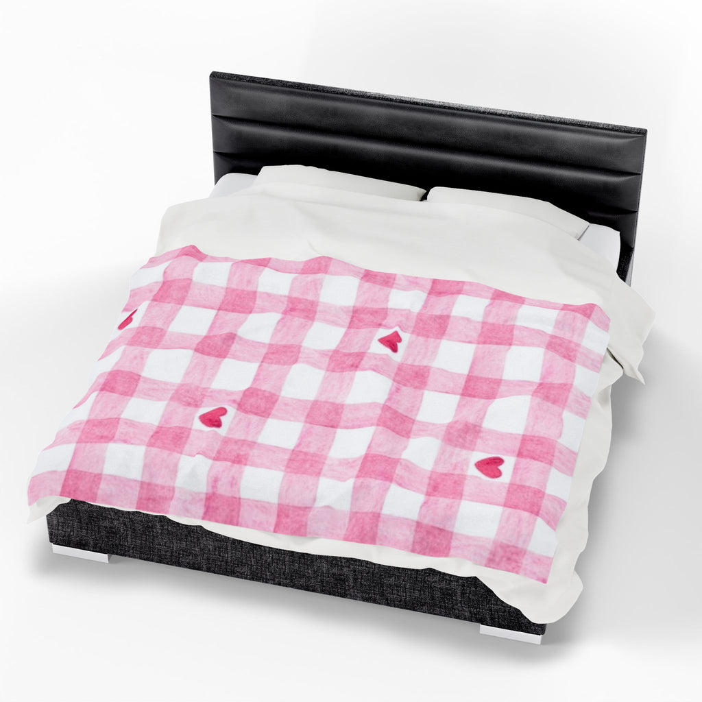 Pink Gingham Heart Velveteen Plush Blanket — Cozy Valentine's Throw
