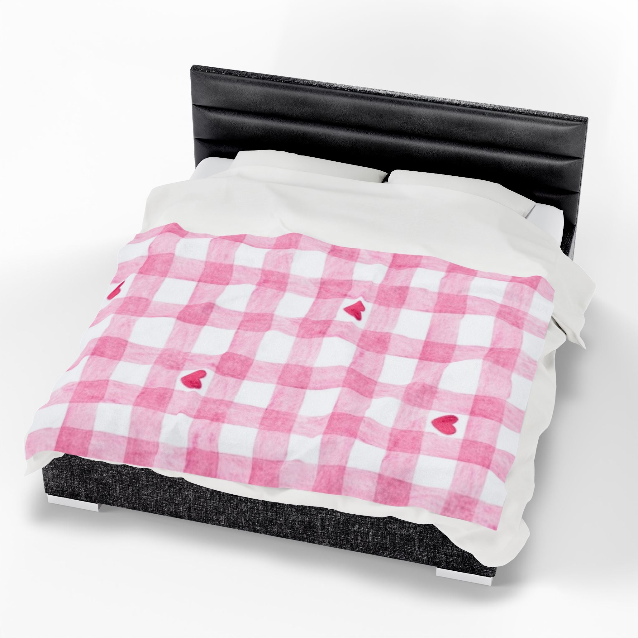 Pink Gingham Heart Velveteen Plush Blanket — Cozy Valentine's Throw