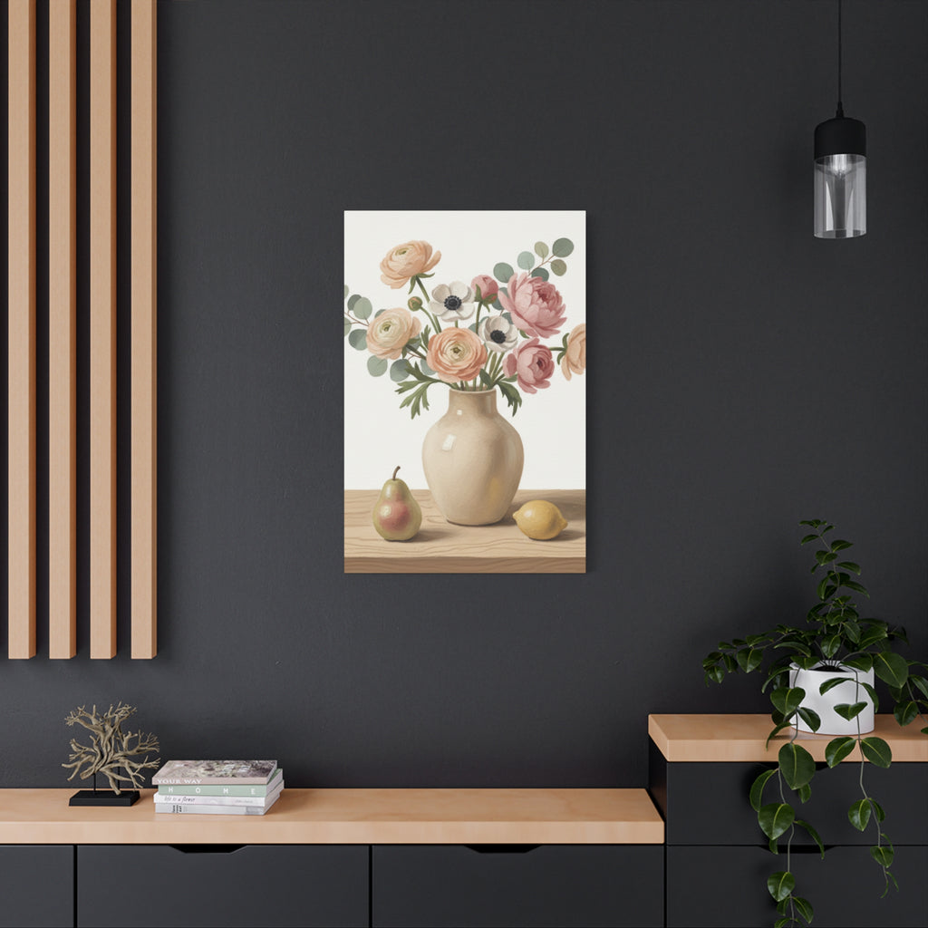 Floral Vase Canvas Wall Art — Pastel Peonies & Ranunculus Stretched Print