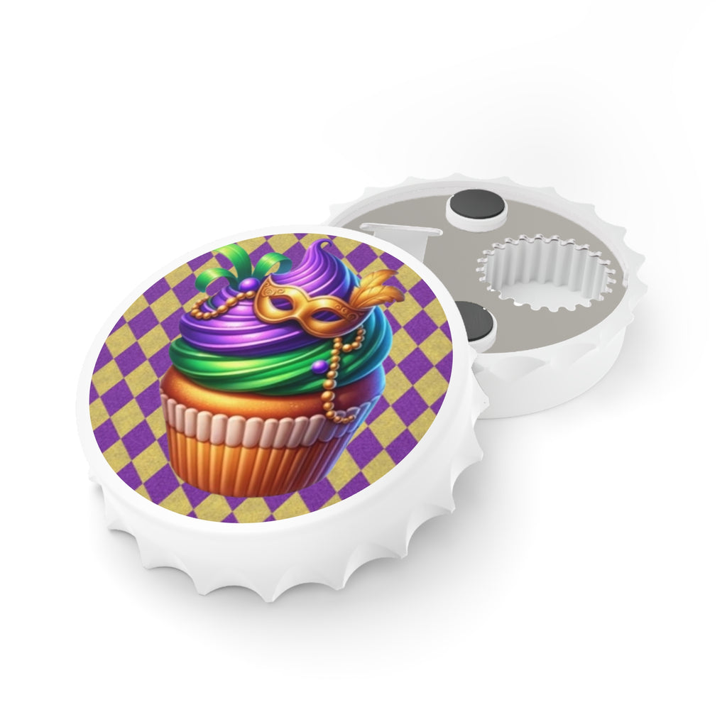 Mardi Gras Cupcake Bottle Opener — Purple Green Gold Festival Bar Tool