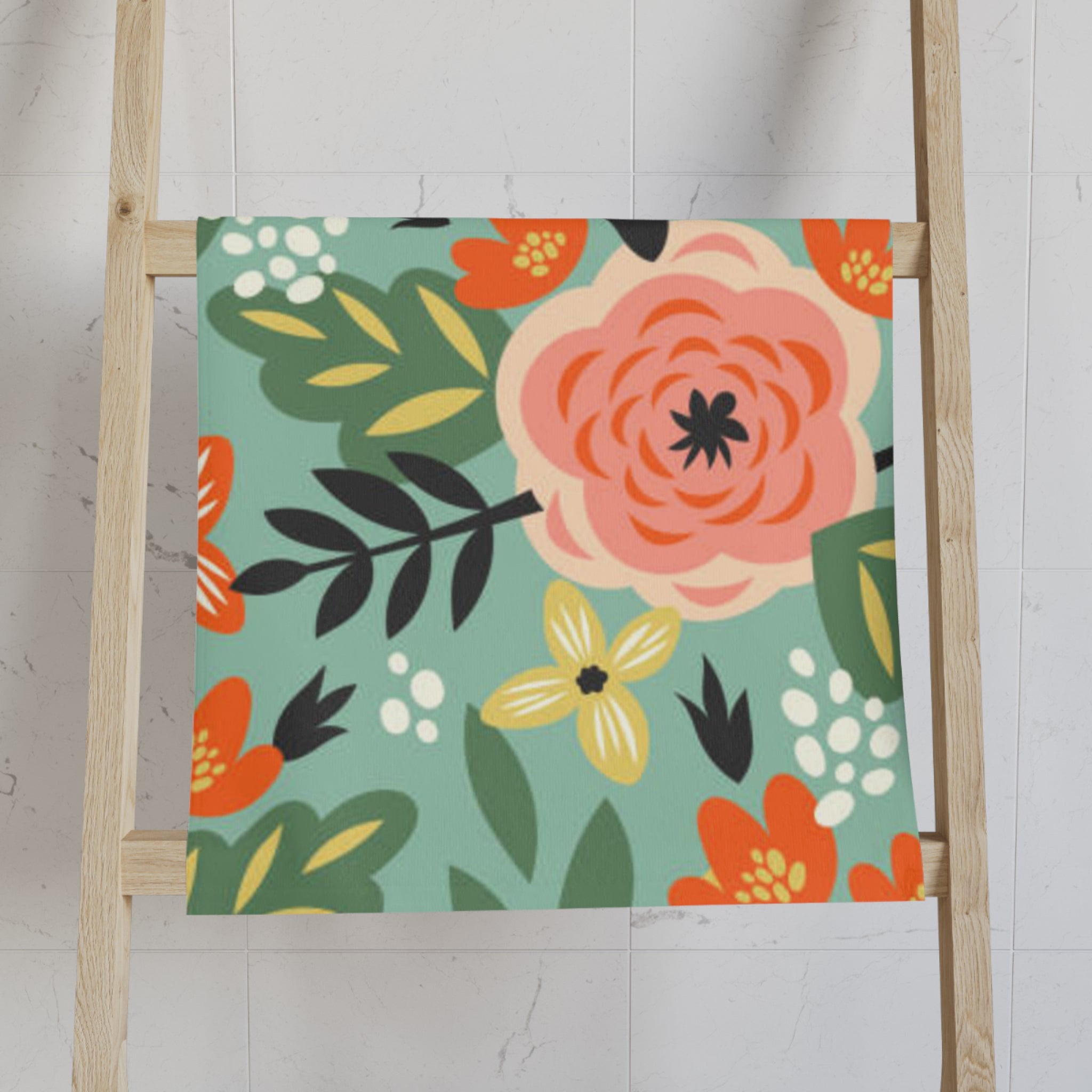 Floral Hand Towel — Coral & Teal Garden Bouquet