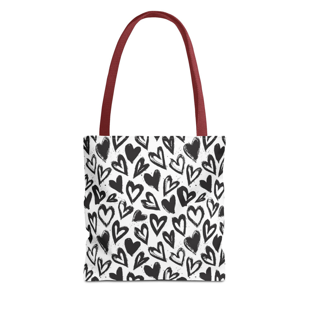 Heart Pattern Tote Bag — Black & White Hand-Drawn Hearts All-Over Print