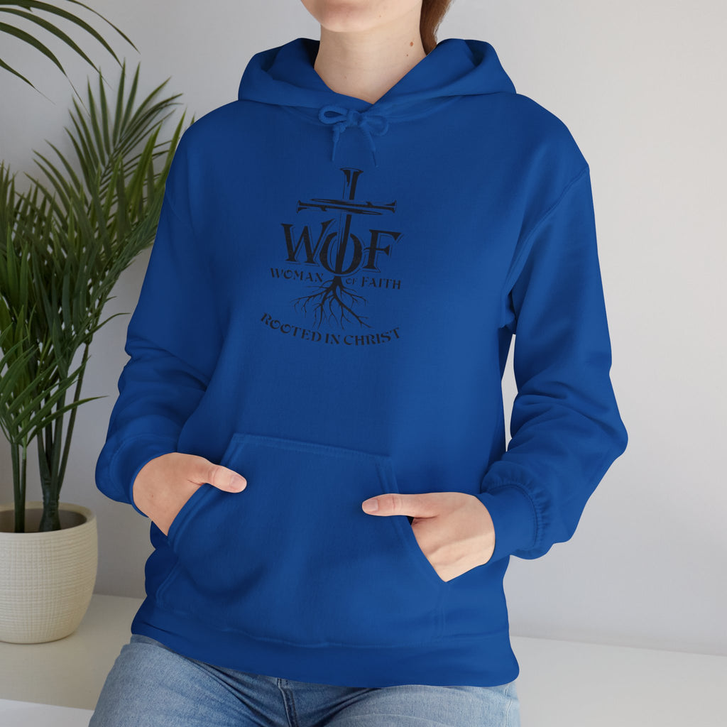 Hoodie — "W.O.F. Woman of Faith" Cross Christian Graphic Pullover