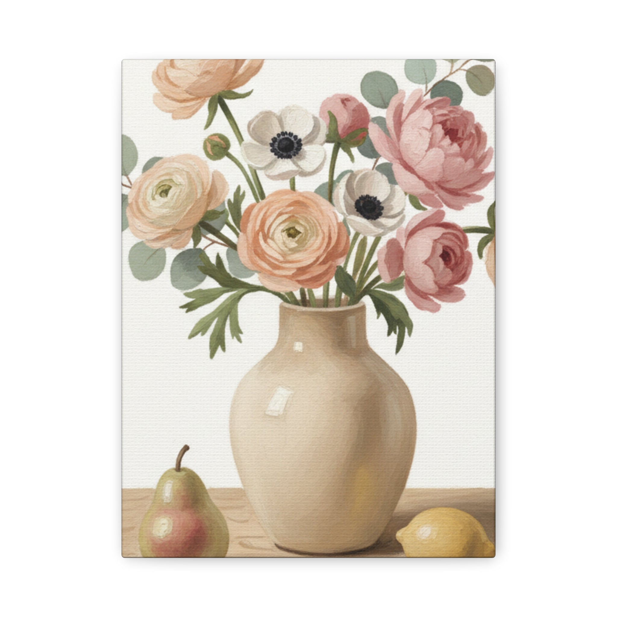 Floral Vase Canvas Wall Art — Pastel Peonies & Ranunculus Stretched Print