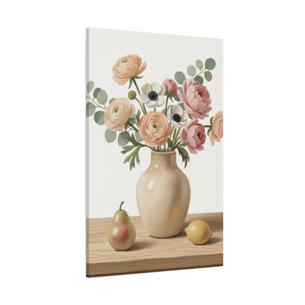 Floral Vase Canvas Wall Art — Pastel Peonies & Ranunculus Stretched Print