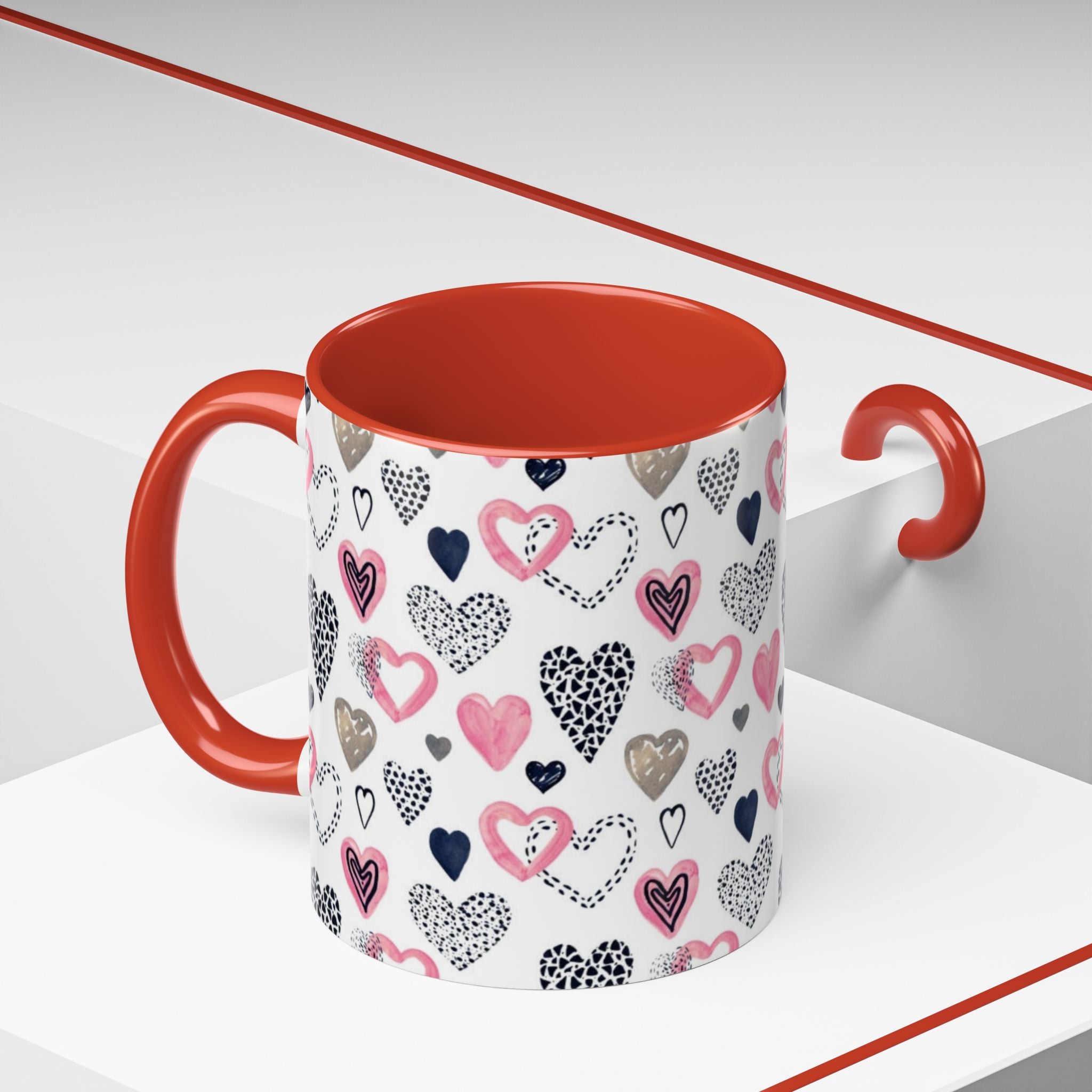 Heart Pattern Accent Coffee Mug — Pink & Navy Love Design (11/15 oz)