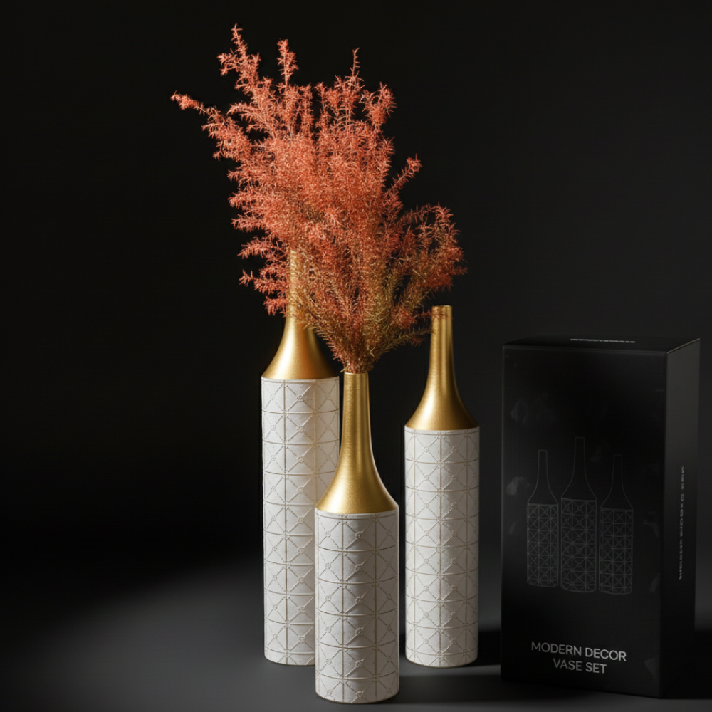 Set of 3 Glazed Metal Floor Vases – Elegant Tall Decorative Vase Set for Living Room, Entryway-3