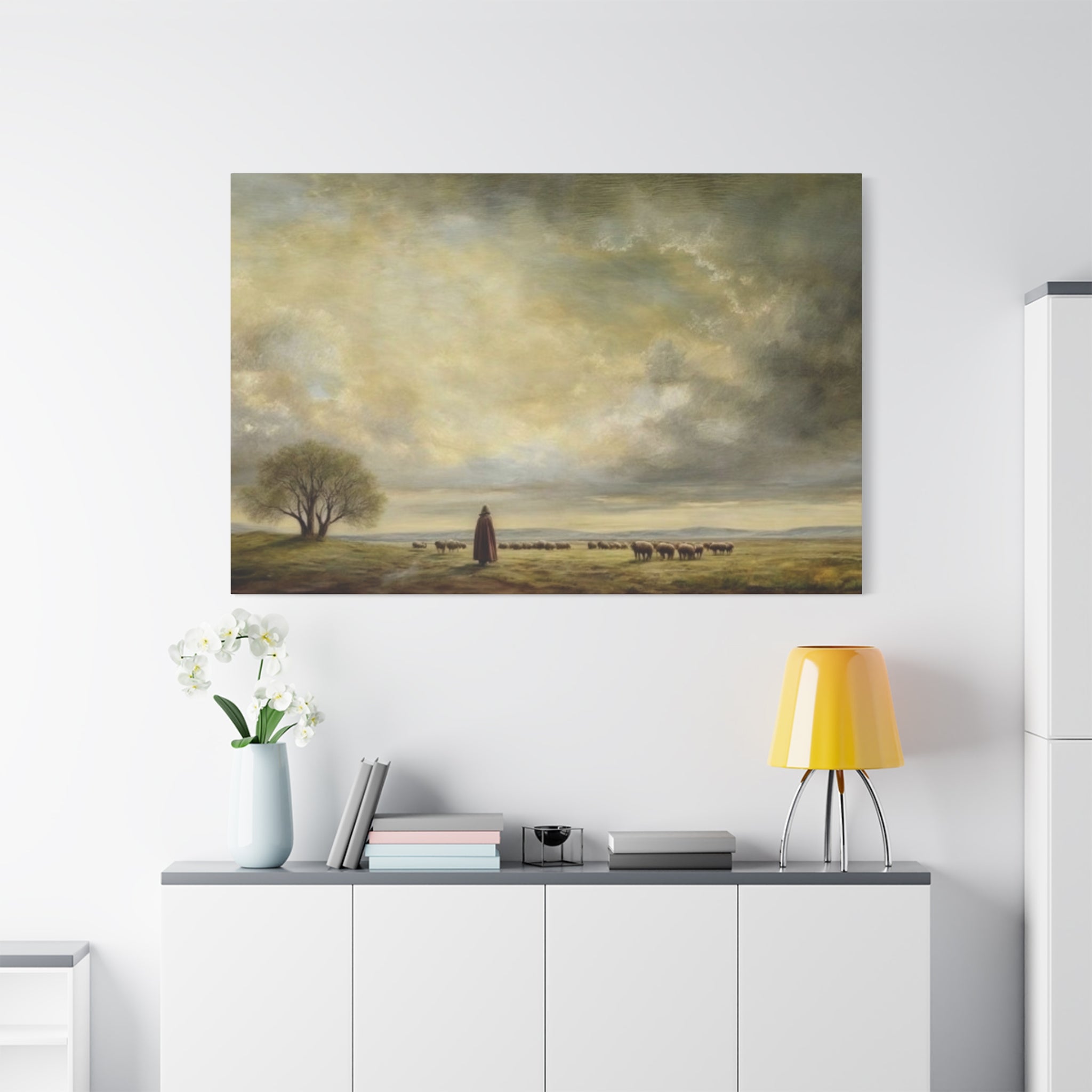 Shepherd in Pastoral Landscape Matte Canvas Print