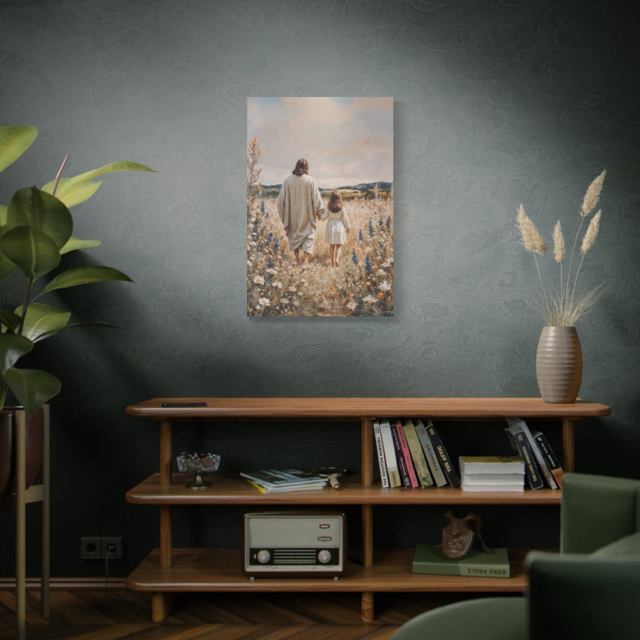 Jesus and Child Walking in Field Canvas Art - Religious Wall Decor