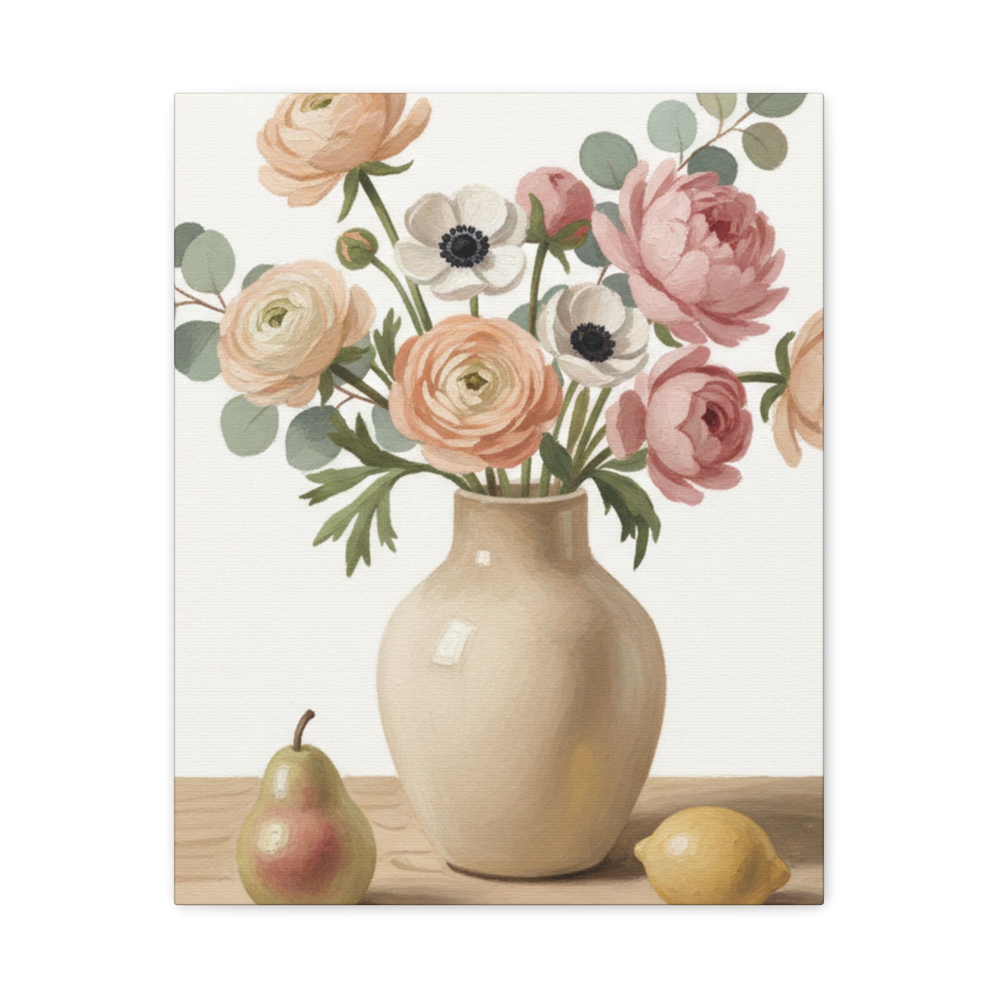 Floral Vase Canvas Wall Art — Pastel Peonies & Ranunculus Stretched Print