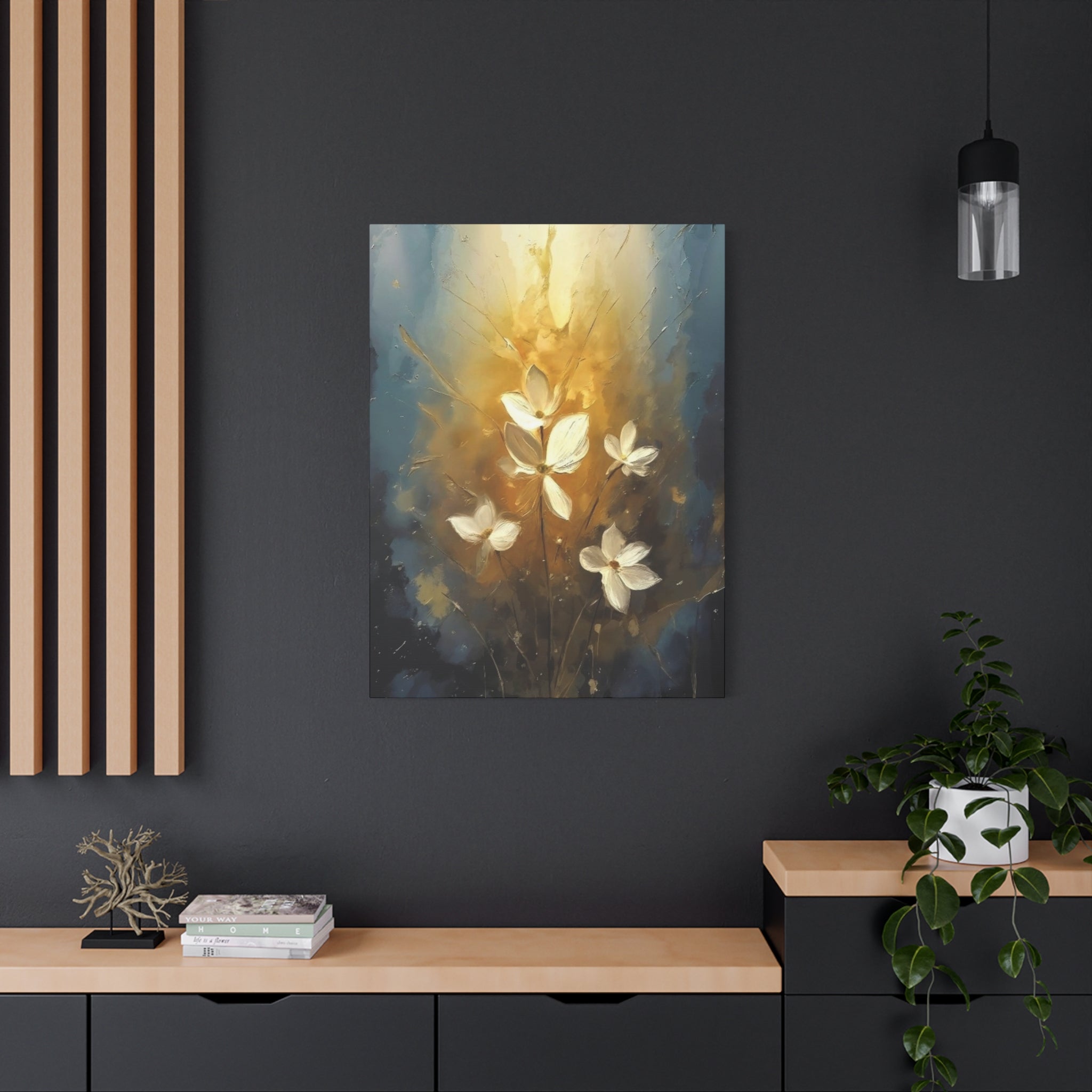 Golden Floral Canvas Print – Abstract White Flowers on Matte Stretched Canvas