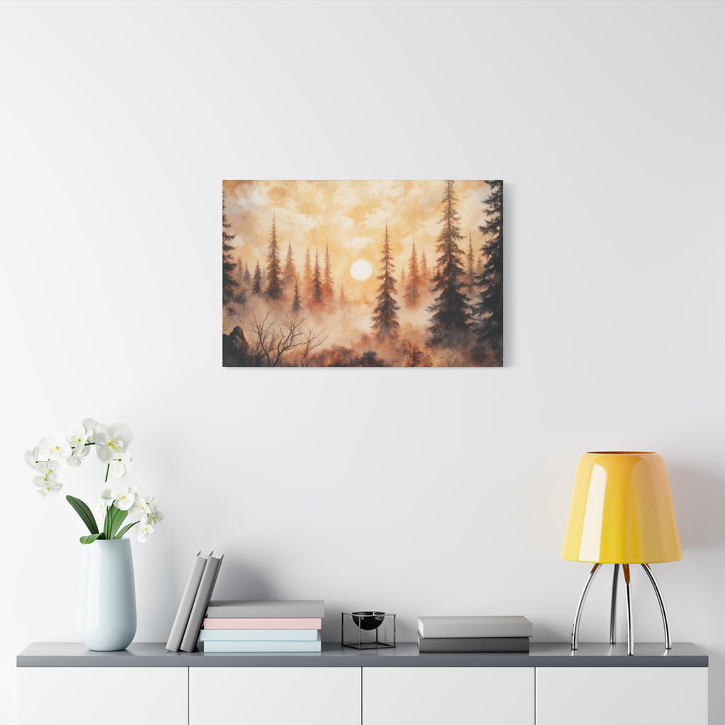Canvas Wall Art - Misty Pine Forest Sunrise Matte Stretched Canvas