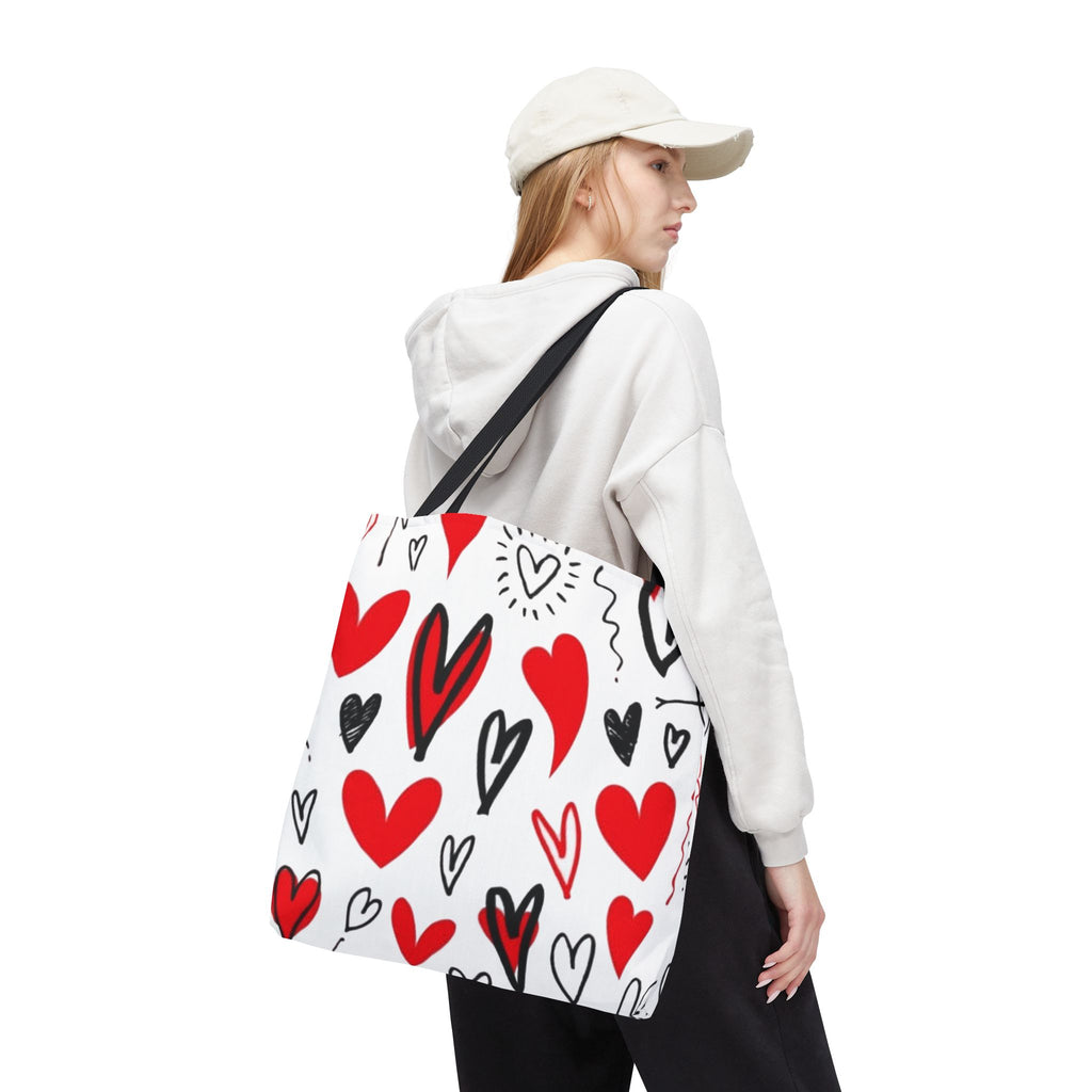 Heart Pattern Tote Bag — Red & Black Doodle Hearts All-Over Print