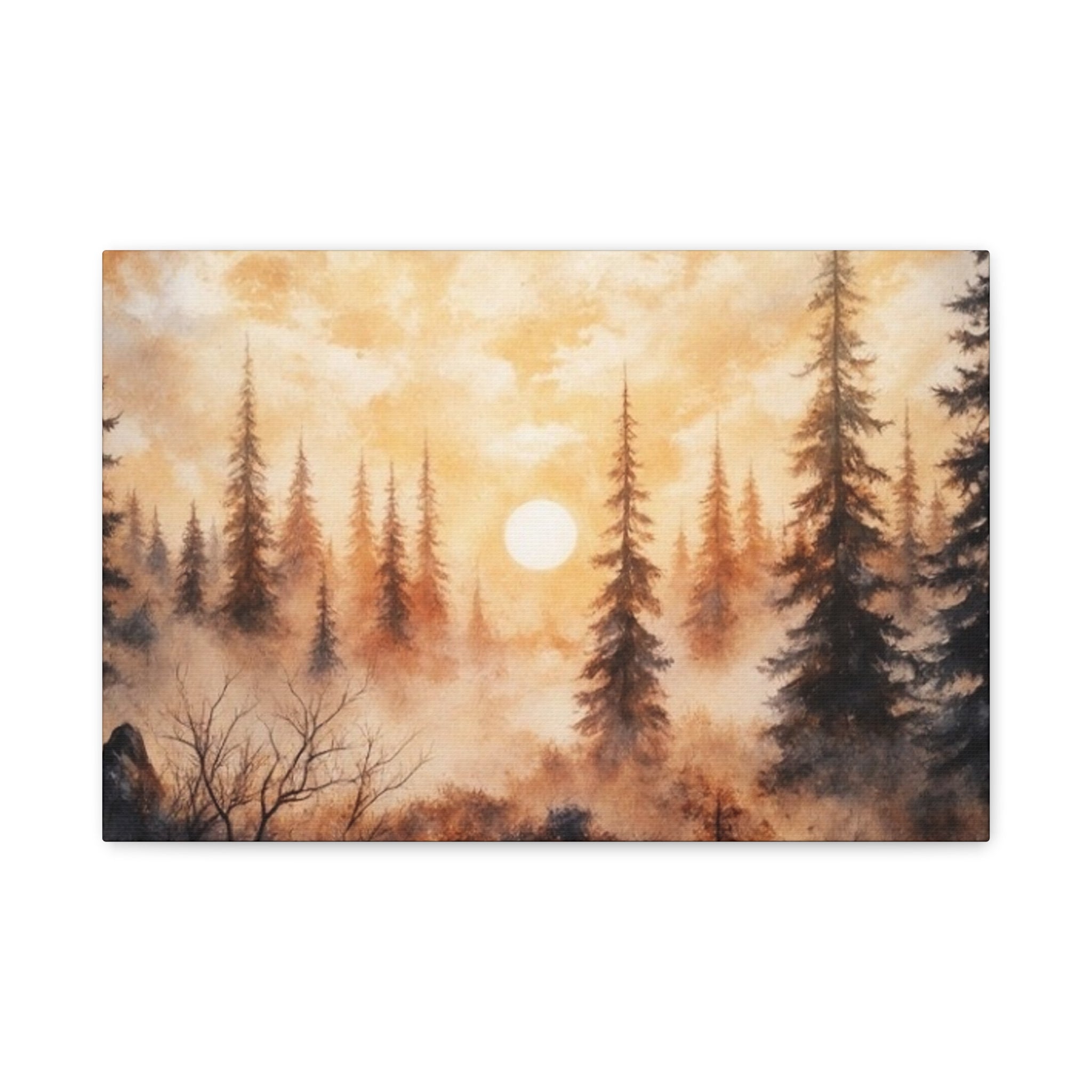Canvas Wall Art - Misty Pine Forest Sunrise Matte Stretched Canvas