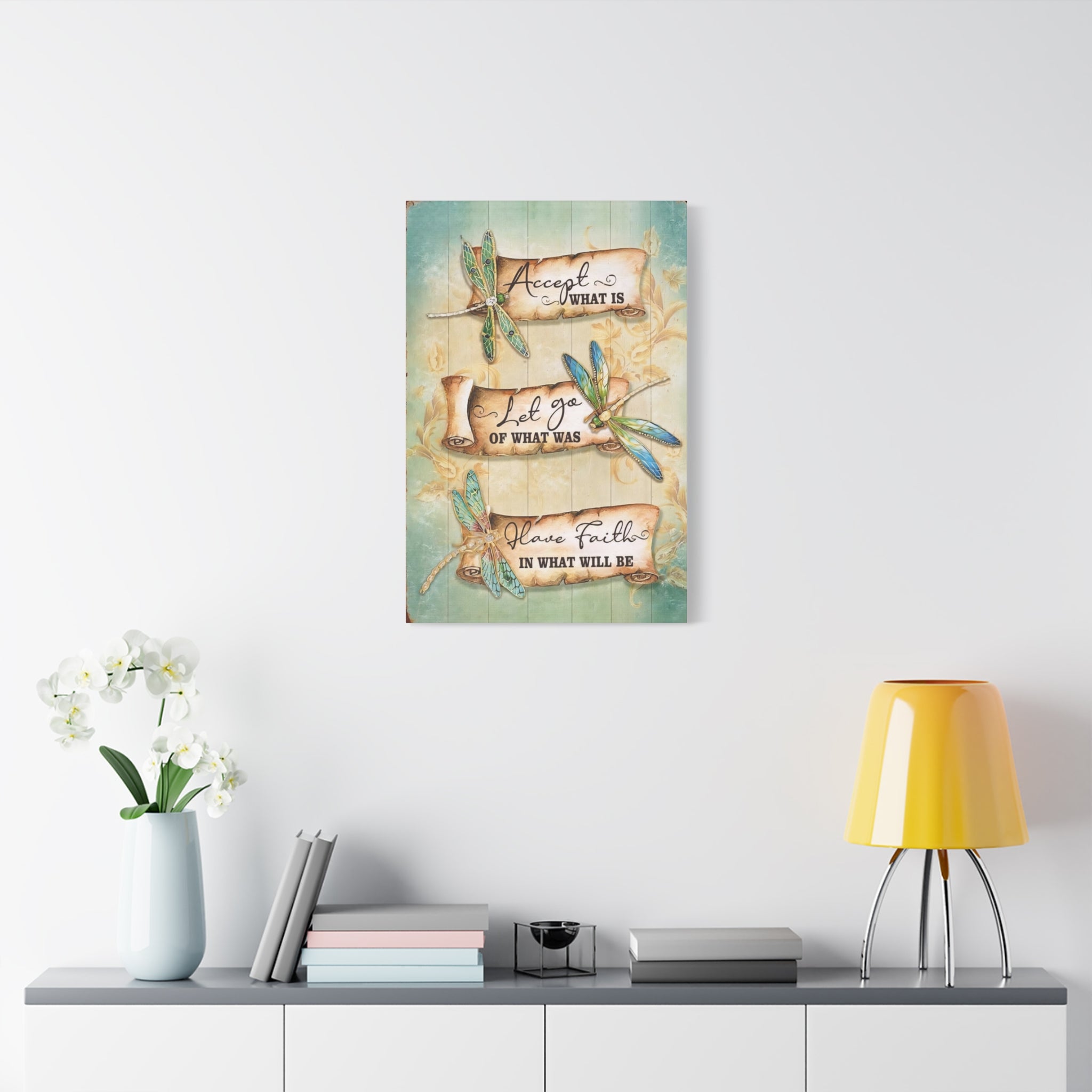 Inspirational Dragonfly Canvas Wall Art - "Accept What Is, Let Go, Have Faith"