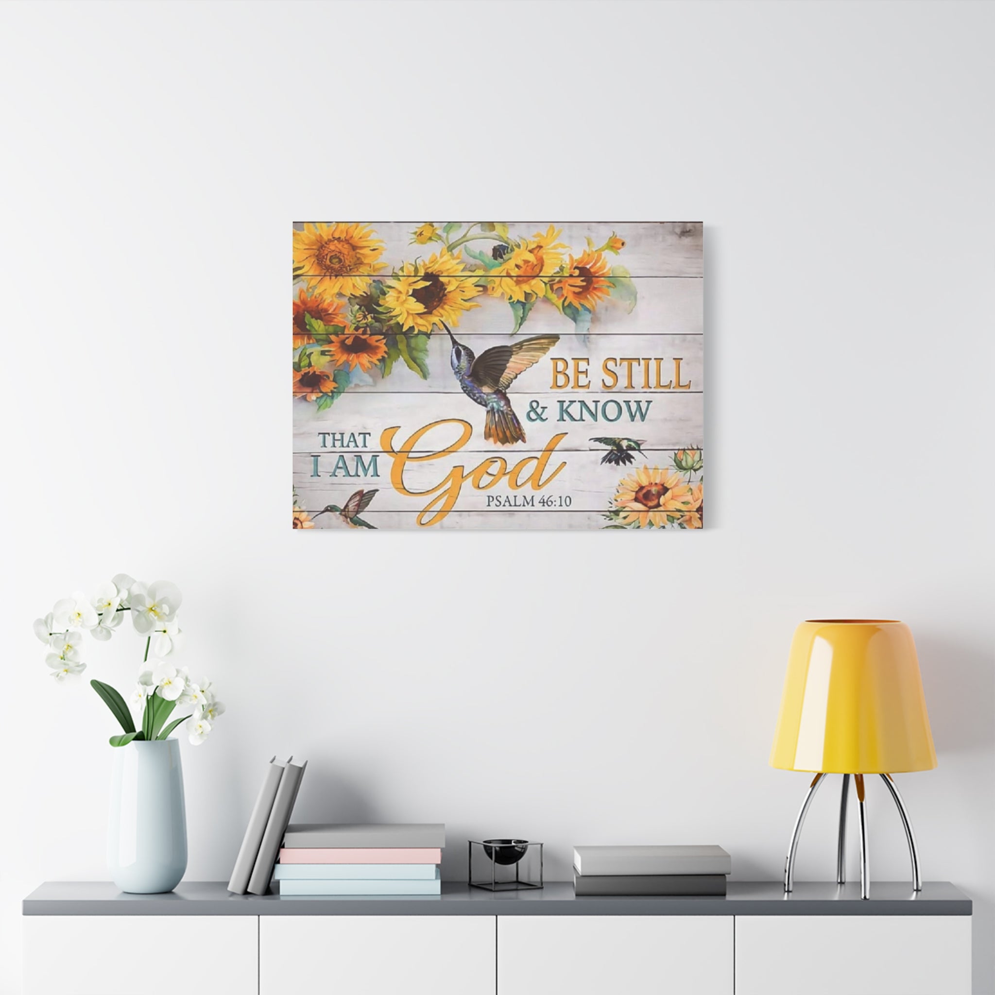 Be Still & Know I Am God Canvas Wall Art — Sunflowers & Hummingbird Psalm 46:10
