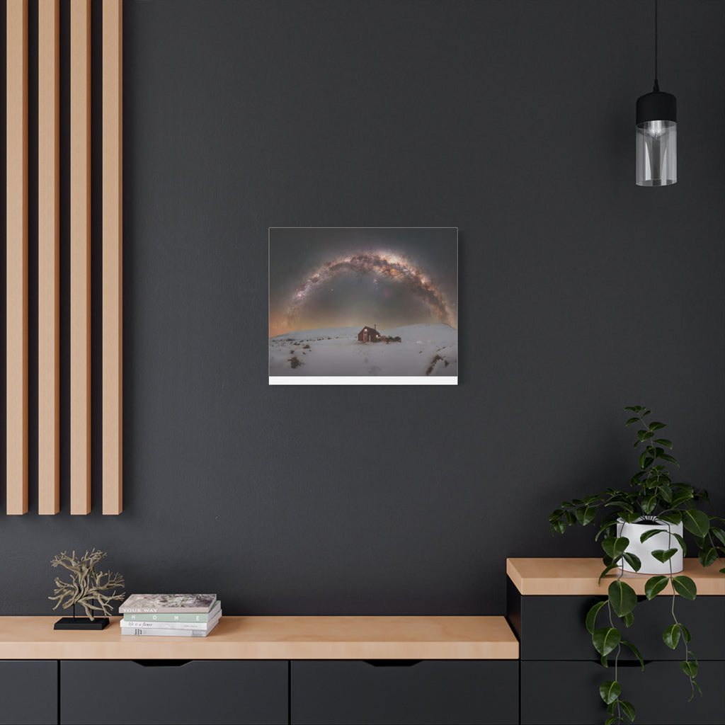 Milky Way Over Snowy Cabin — Matte Stretched Canvas Wall Art