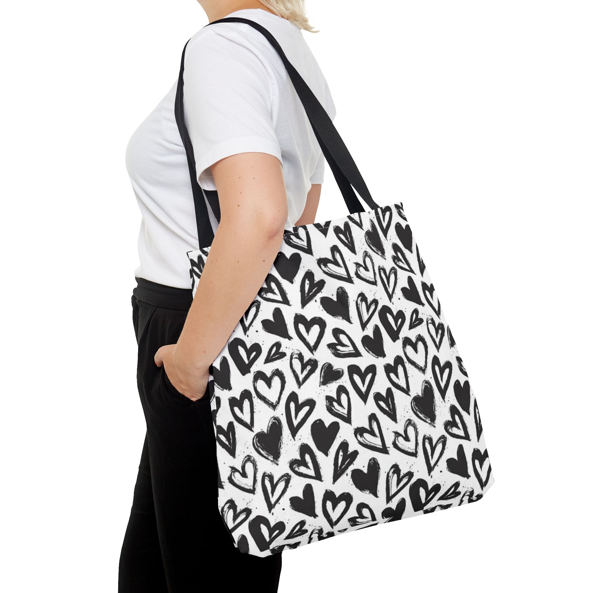 Heart Pattern Tote Bag — Black & White Hand-Drawn Hearts All-Over Print