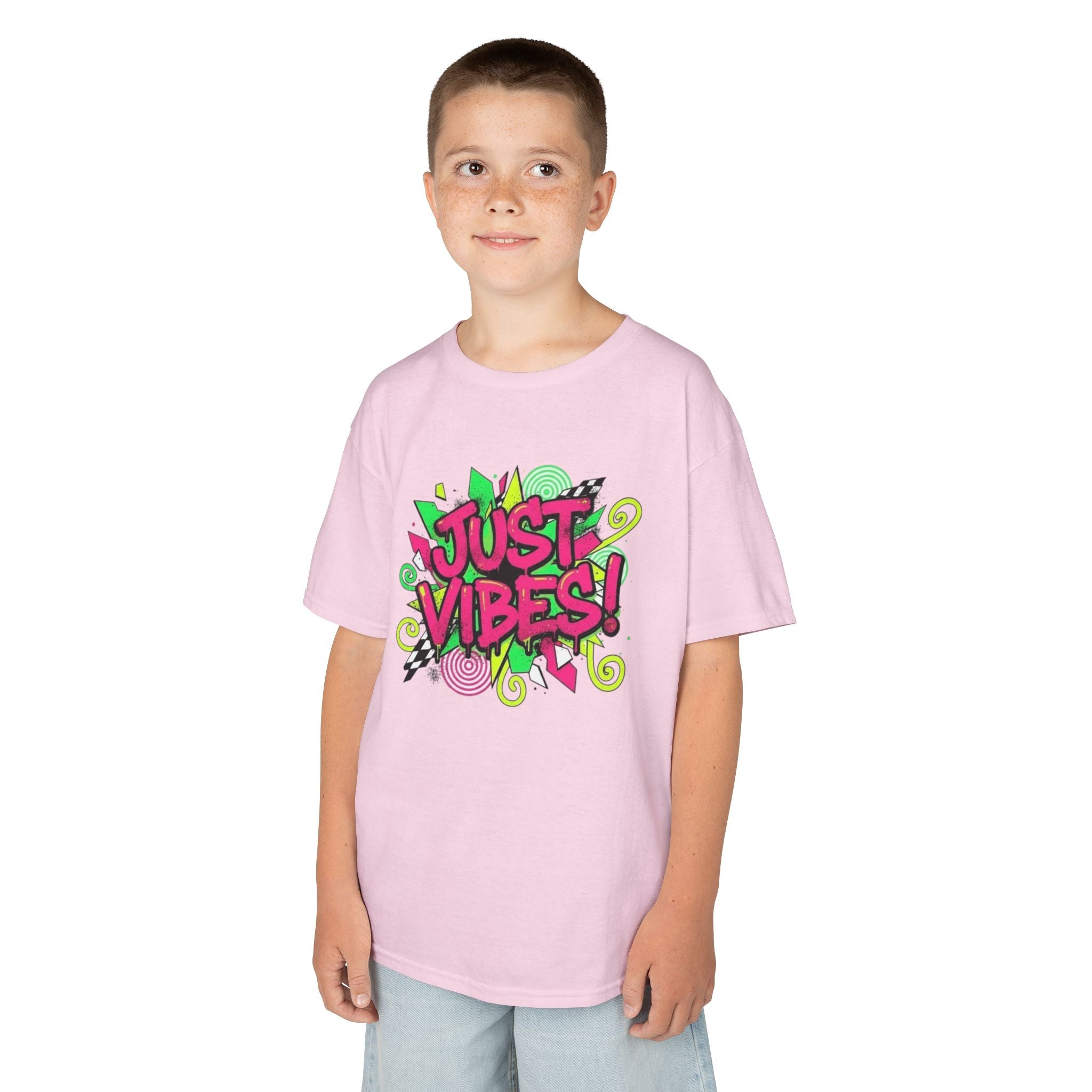 Kids T‑Shirt — "Just Vibes" Neon Graffiti Graphic Tee for Playful, Trendy Kids