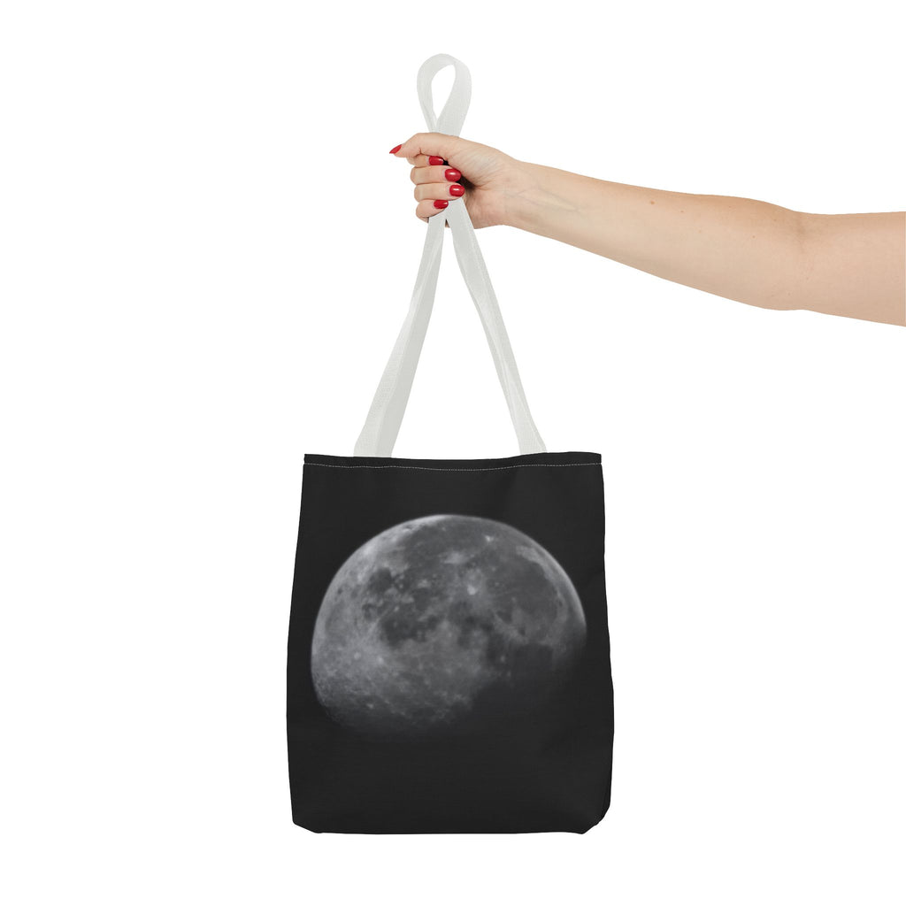 Full Moon Black Tote Bag — Moon Phase AOP Canvas Tote for Night Lovers