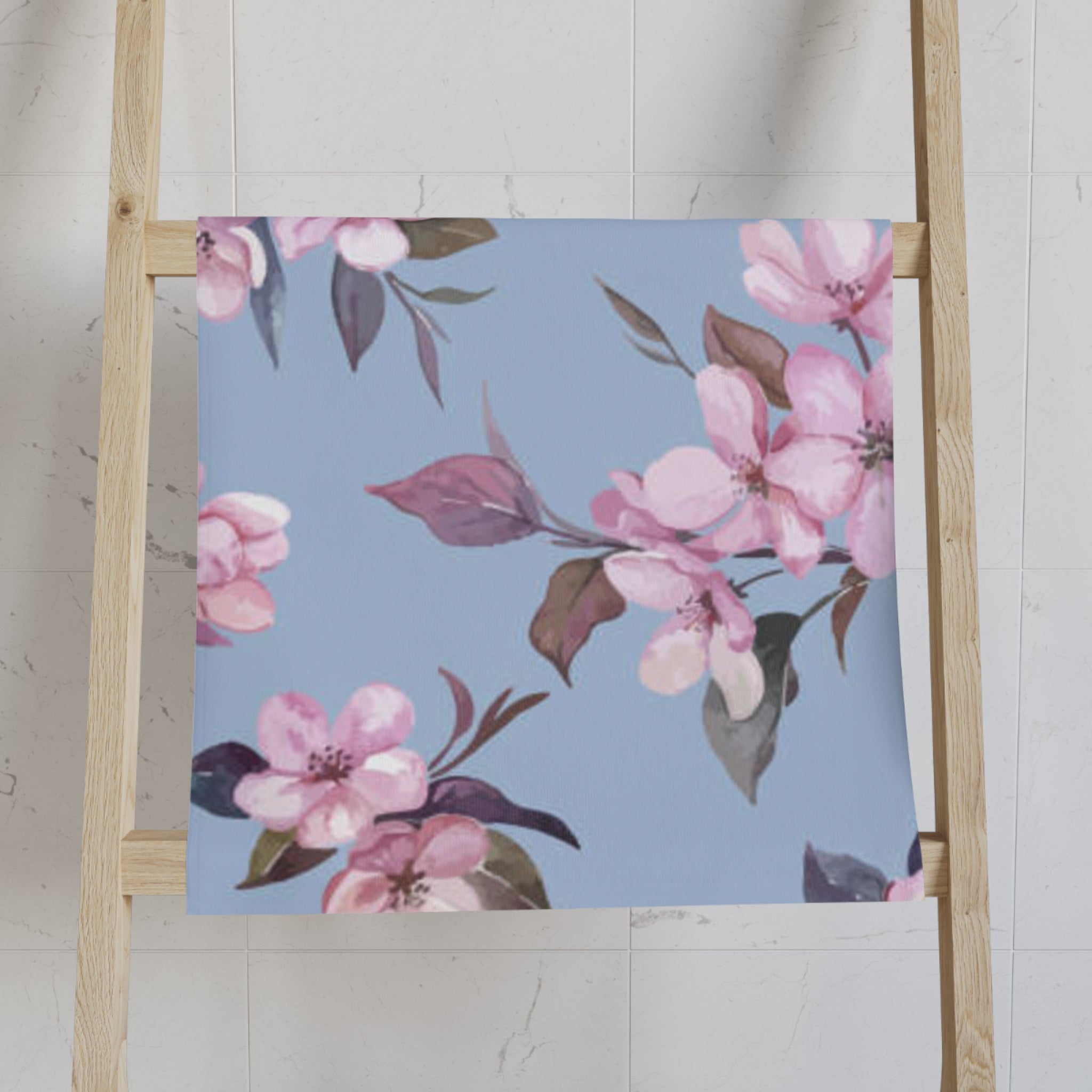 Floral Blossom Hand Towel — Pink Cherry Flowers on Dusty Blue