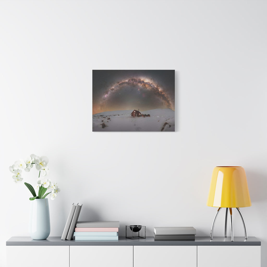 Milky Way Over Snowy Cabin — Matte Stretched Canvas Wall Art