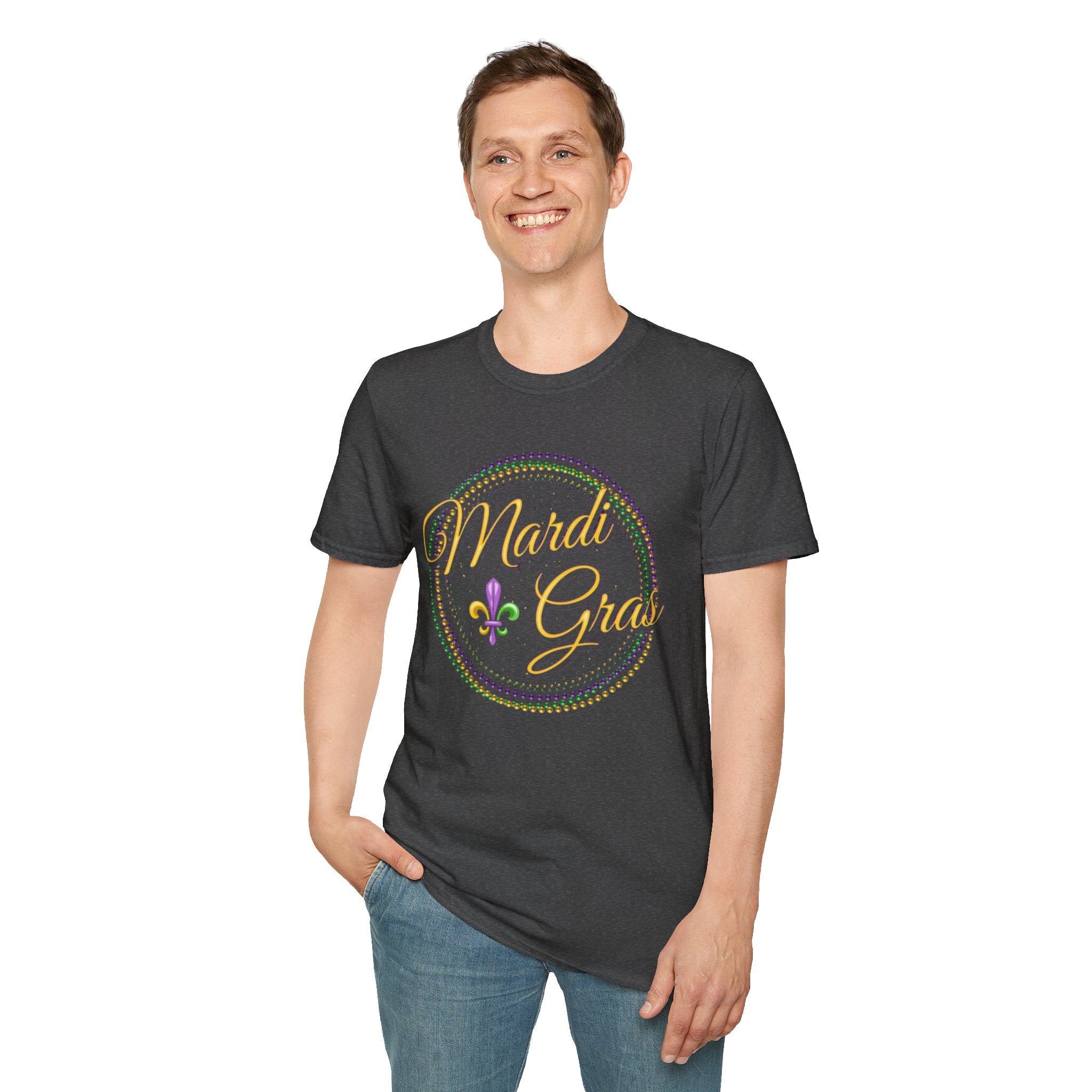 Mardi Gras T-Shirt — Purple Green Gold Beaded Fleur-de-Lis Celebration Tee