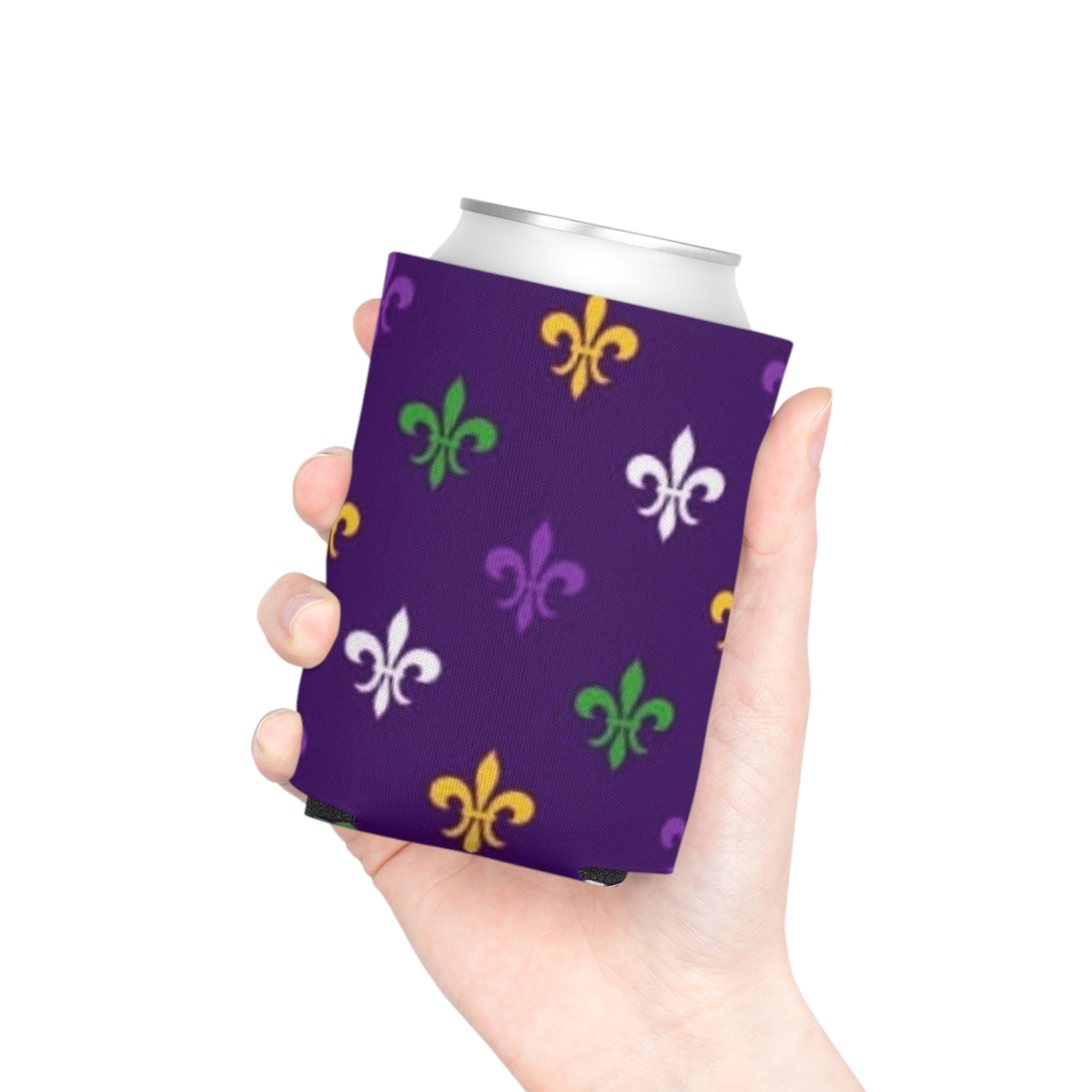 Mardi Gras Fleur-de-Lis Can Cooler – Purple, Green & Gold Party Koozie