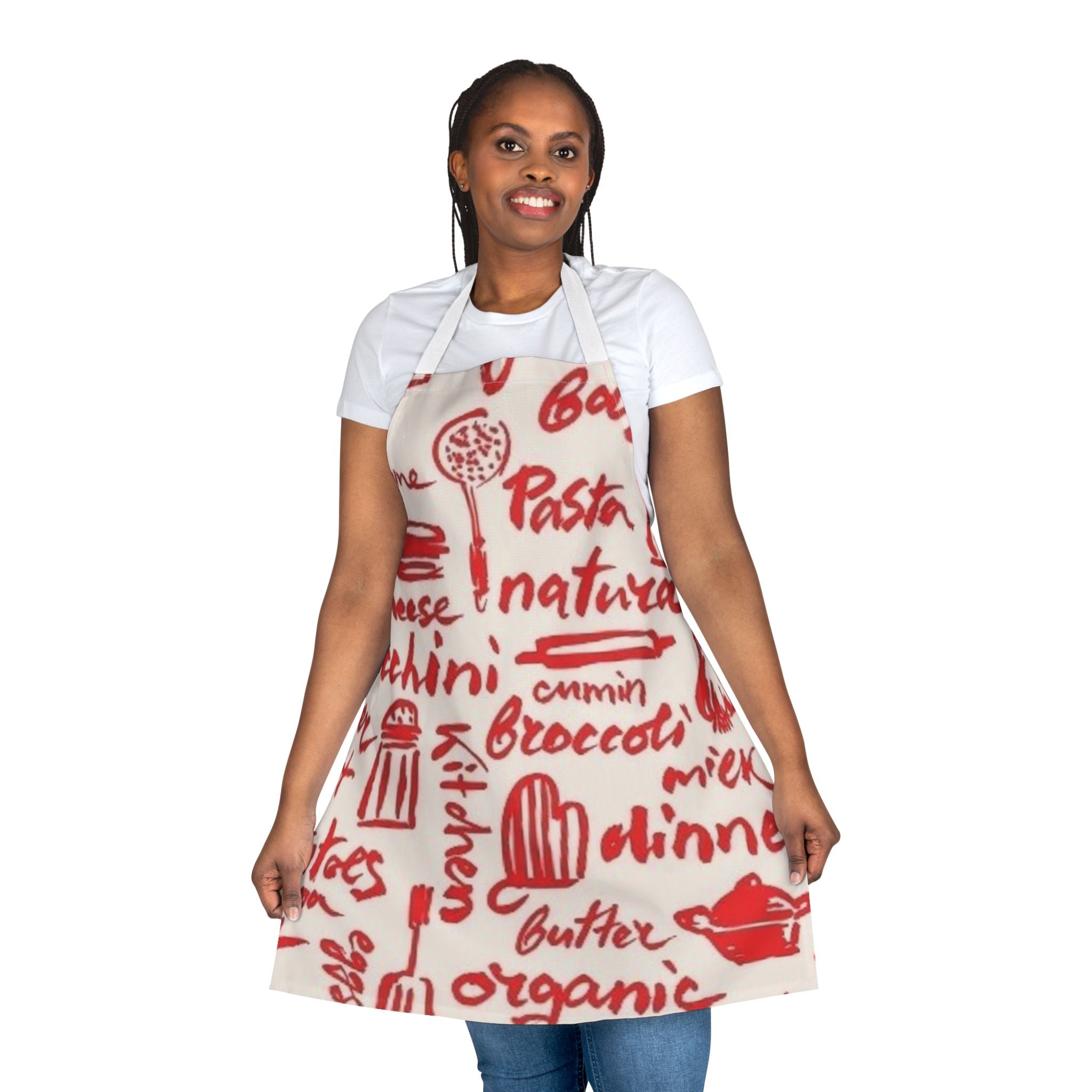 Kitchen Script Apron — Red Cooking Words Design