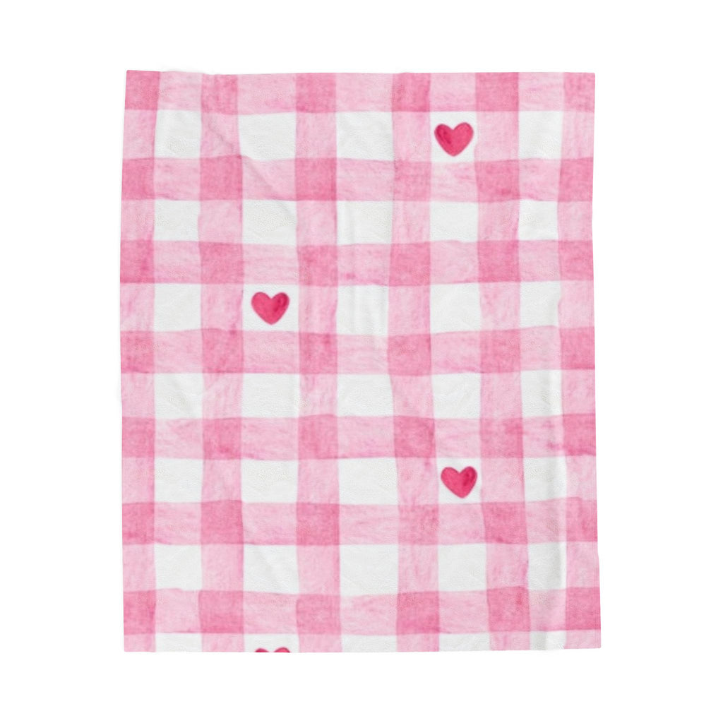 Pink Gingham Heart Velveteen Plush Blanket — Cozy Valentine's Throw