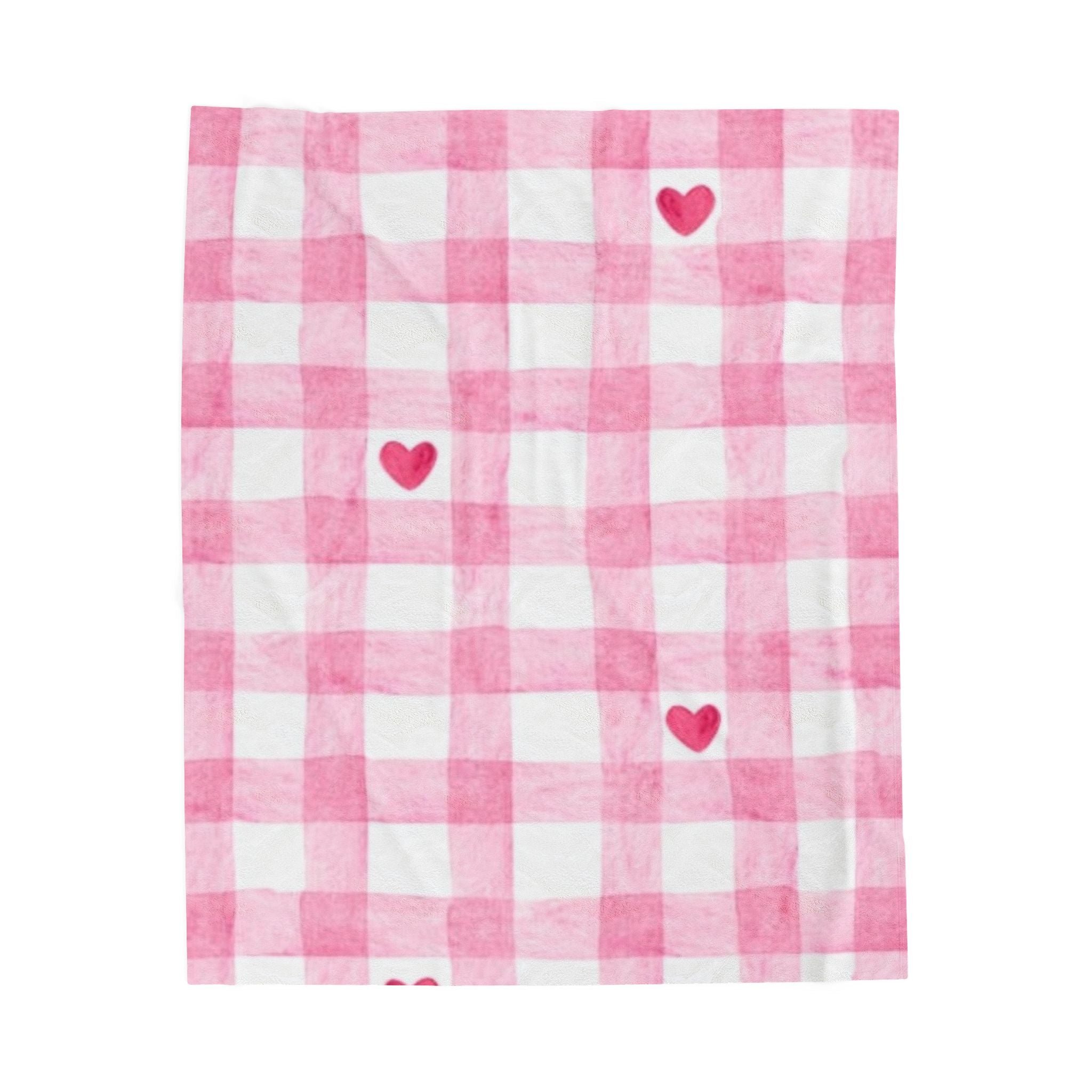 Pink Gingham Heart Velveteen Plush Blanket — Cozy Valentine's Throw