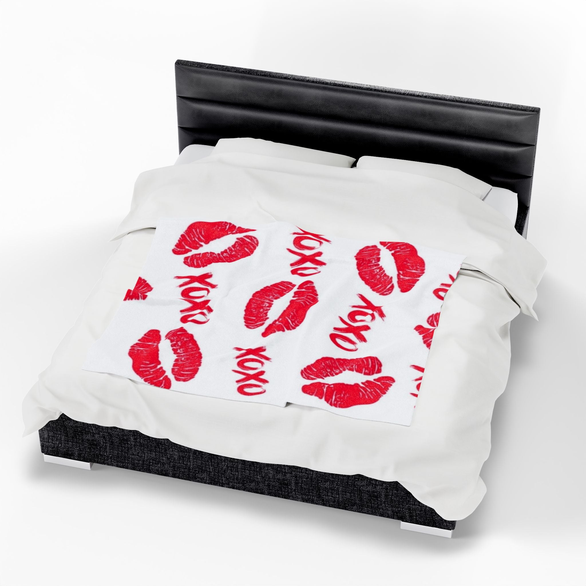Velveteen Plush Blanket — Red Kiss Prints with XOXO Pattern (Valentine’s Cozy Throw)