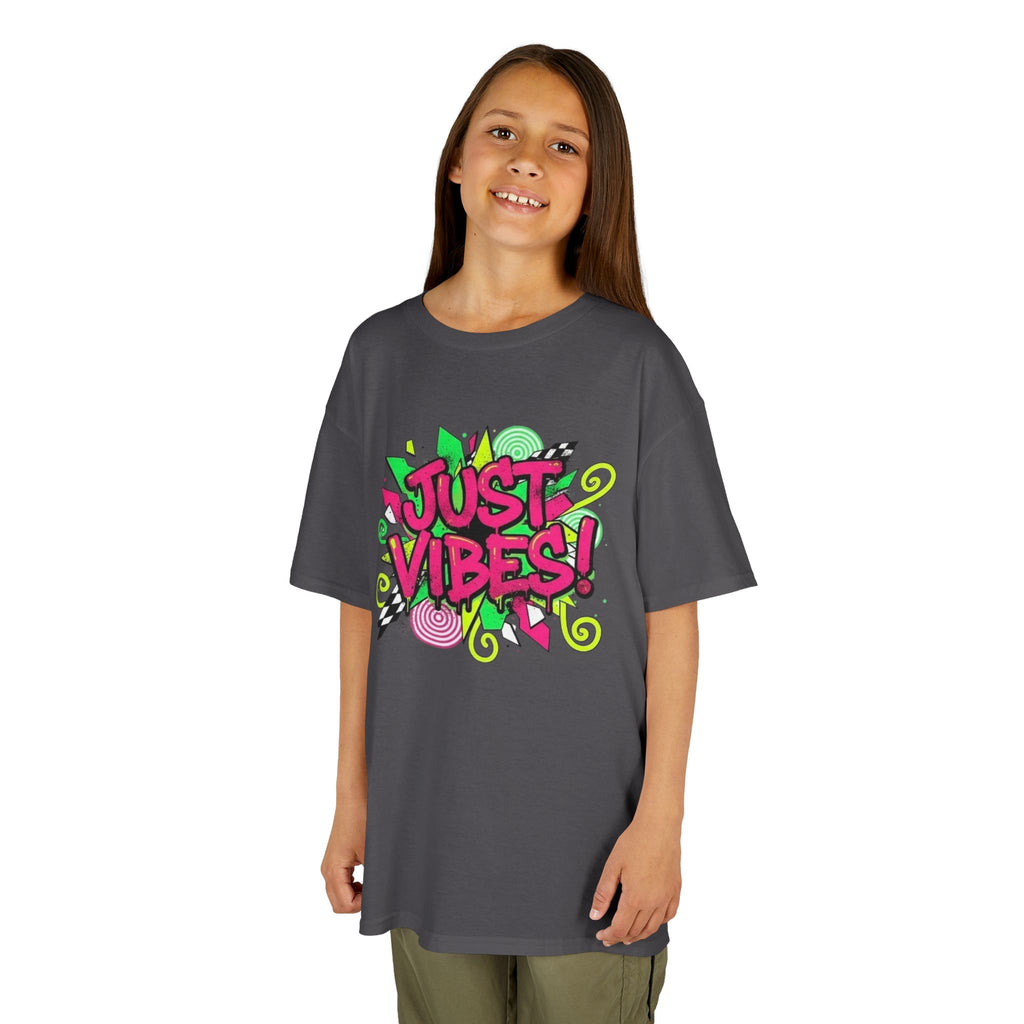Kids T‑Shirt — "Just Vibes" Neon Graffiti Graphic Tee for Playful, Trendy Kids