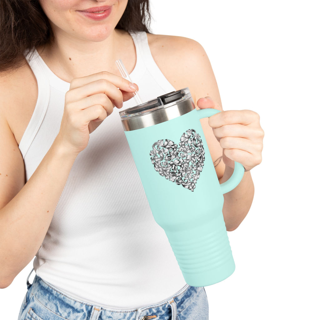 40oz Insulated Travel Mug — Silver Doodle Heart Design