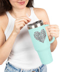 40oz Insulated Travel Mug — Silver Doodle Heart Design
