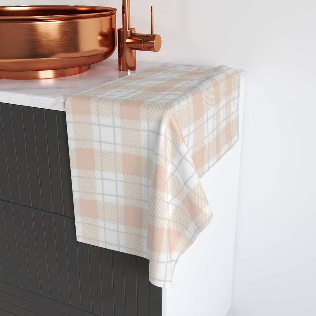Peach Plaid Hand Towel — Soft Farmhouse Kitchen Accent