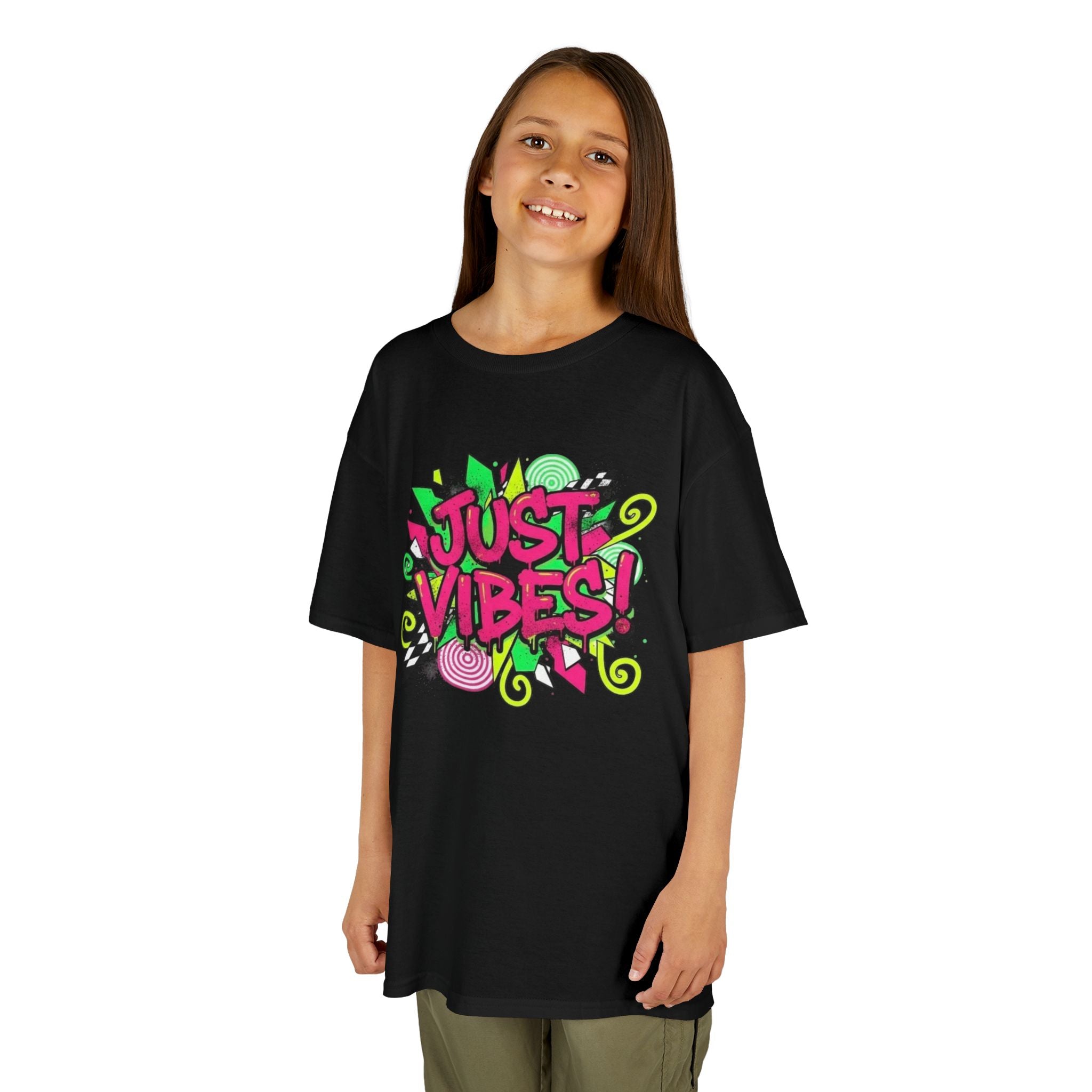 Kids T‑Shirt — "Just Vibes" Neon Graffiti Graphic Tee for Playful, Trendy Kids