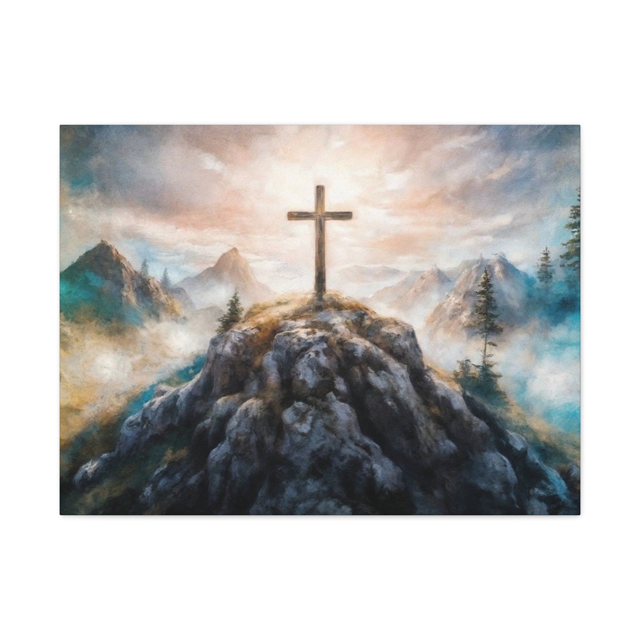 Cross on Mountain Matte Canvas Wall Art — Christian Inspirational Landscape