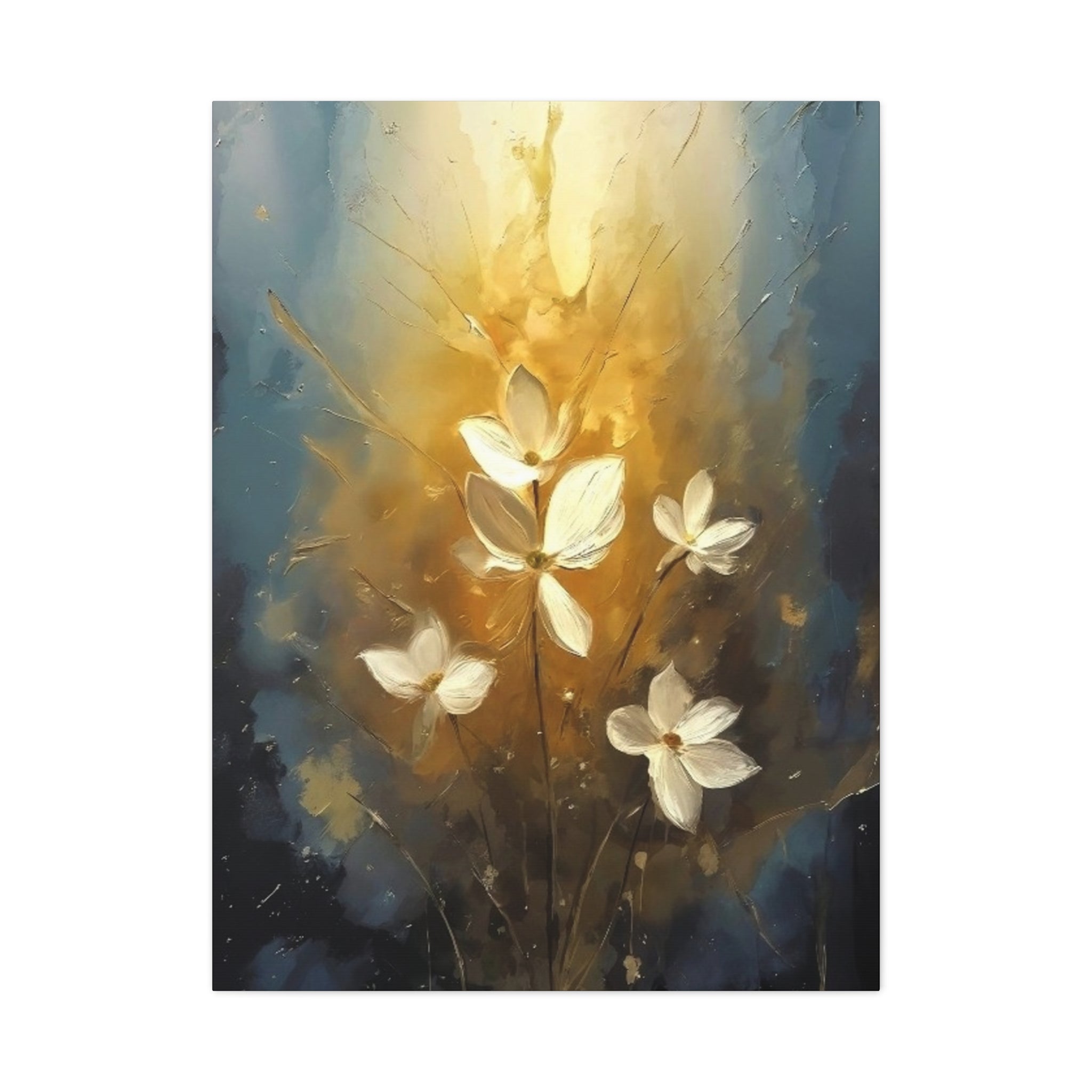 Golden Floral Canvas Print – Abstract White Flowers on Matte Stretched Canvas