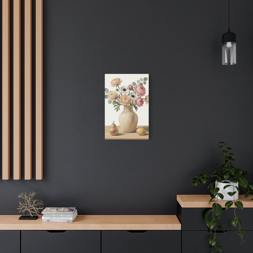 Floral Vase Canvas Wall Art — Pastel Peonies & Ranunculus Stretched Print