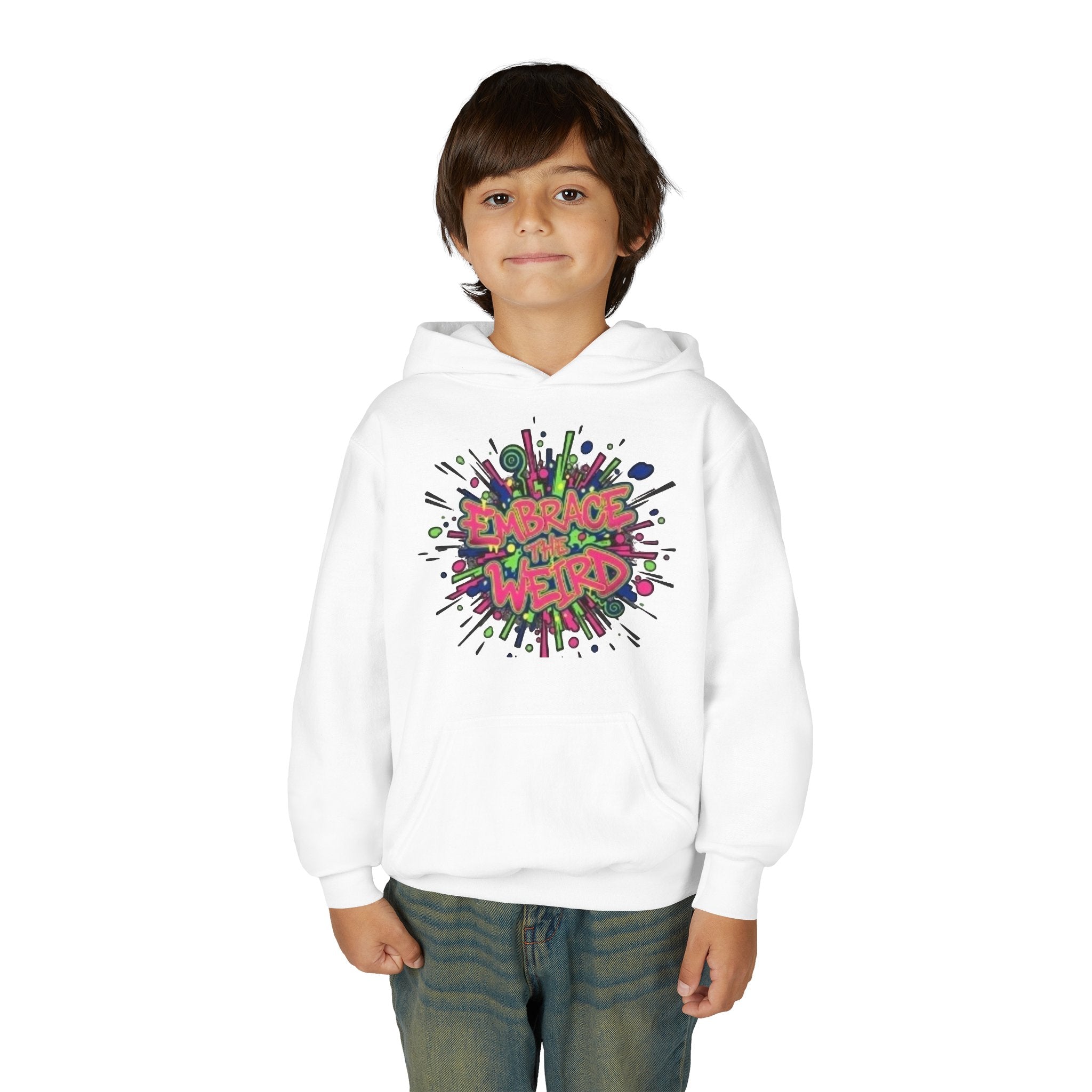 Youth Hoodie — "Embrace the Weird" Colorful Graffiti Graphic