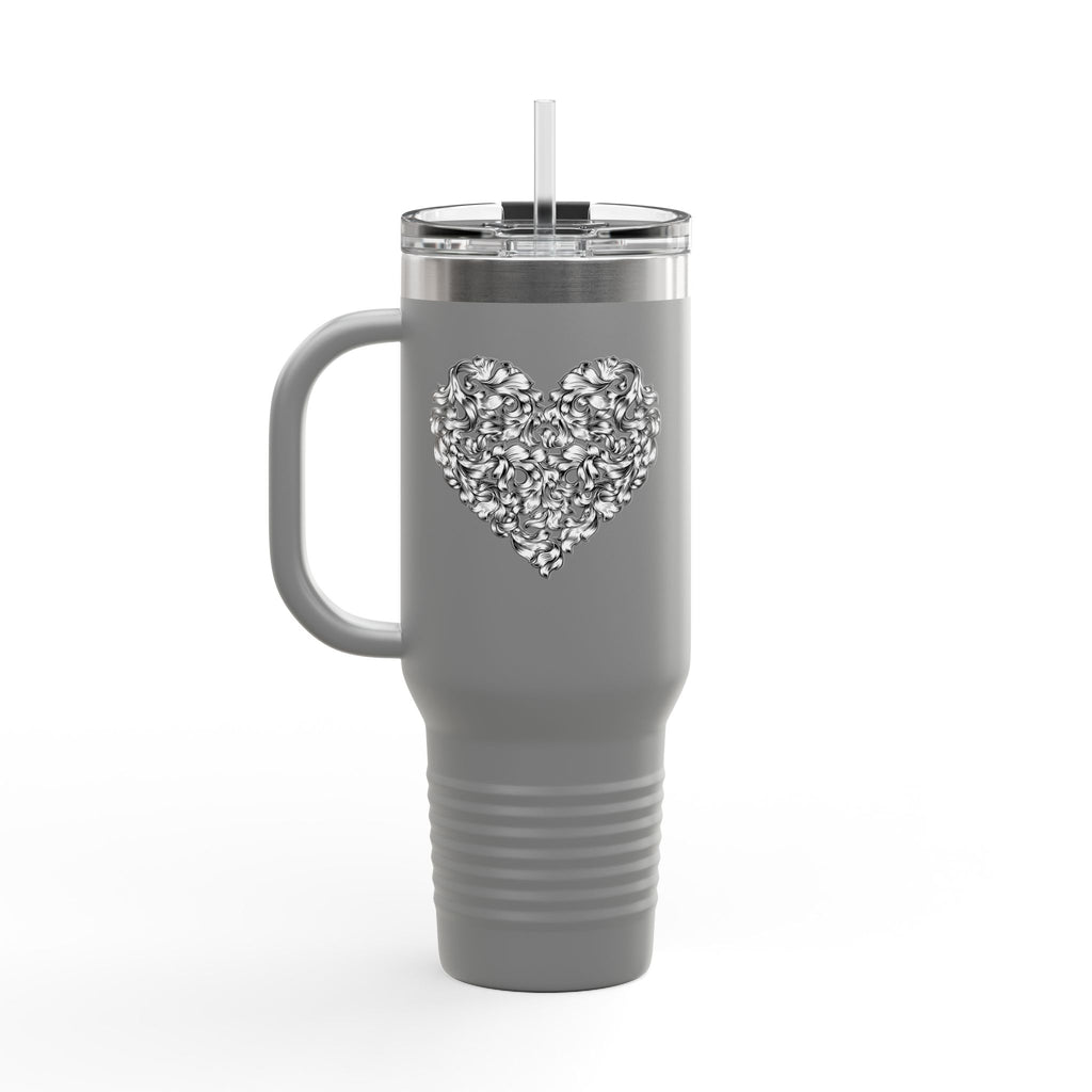 40oz Insulated Travel Mug — Silver Doodle Heart Design