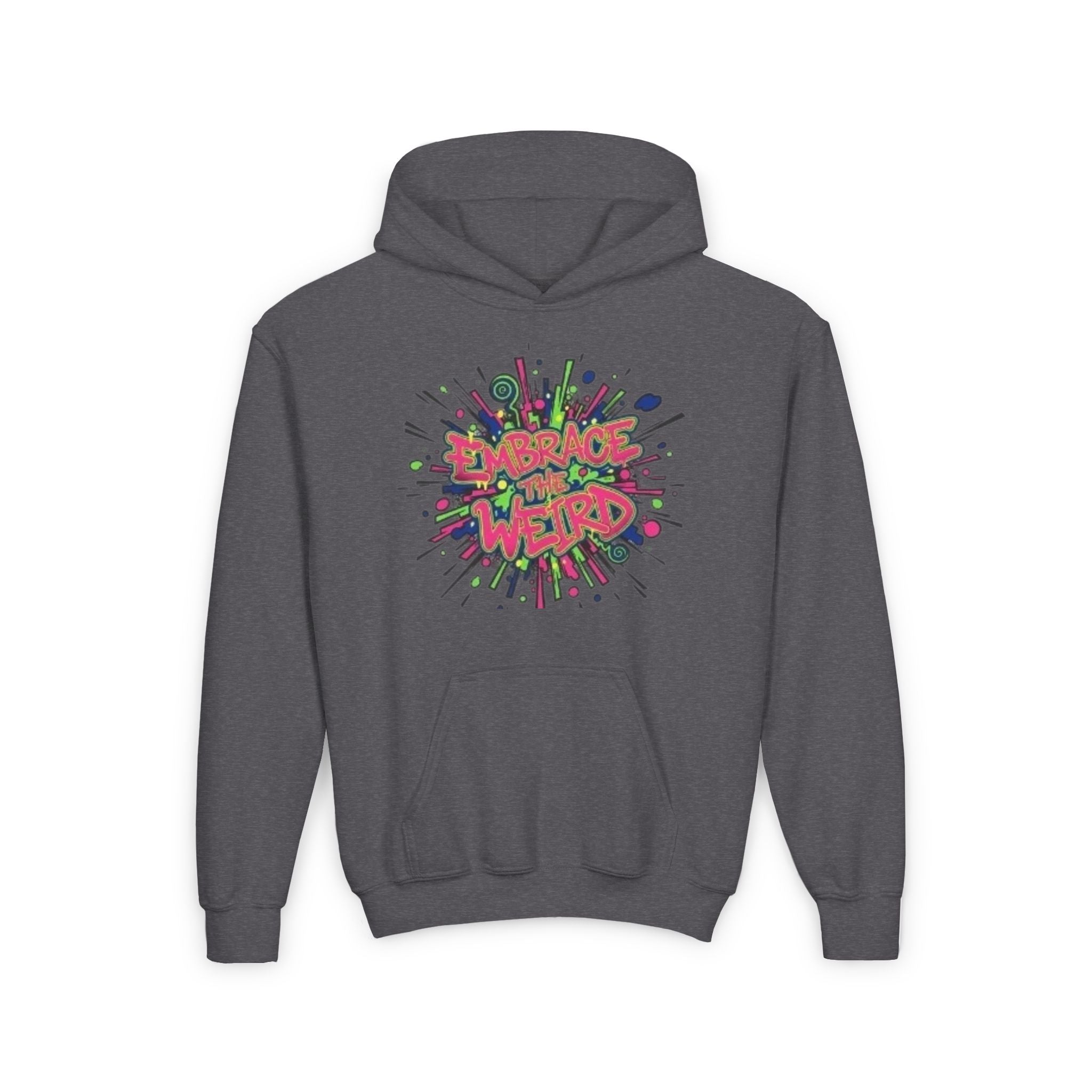 Youth Hoodie — "Embrace the Weird" Colorful Graffiti Graphic