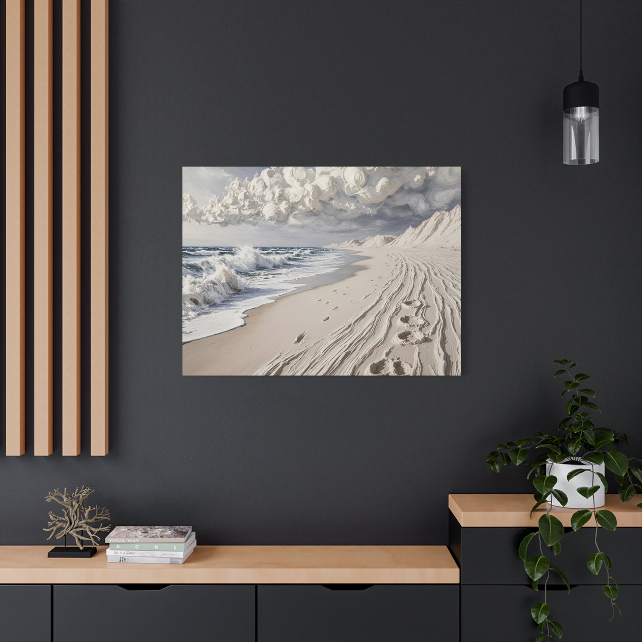 Coastal Serenity Matte Canvas Wall Art — Ocean Waves & Sandy Footprints
