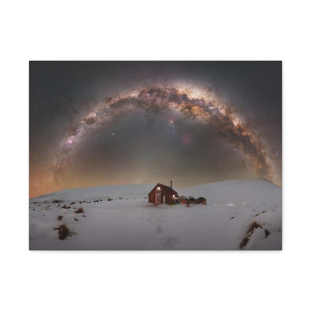Milky Way Over Snowy Cabin — Matte Stretched Canvas Wall Art