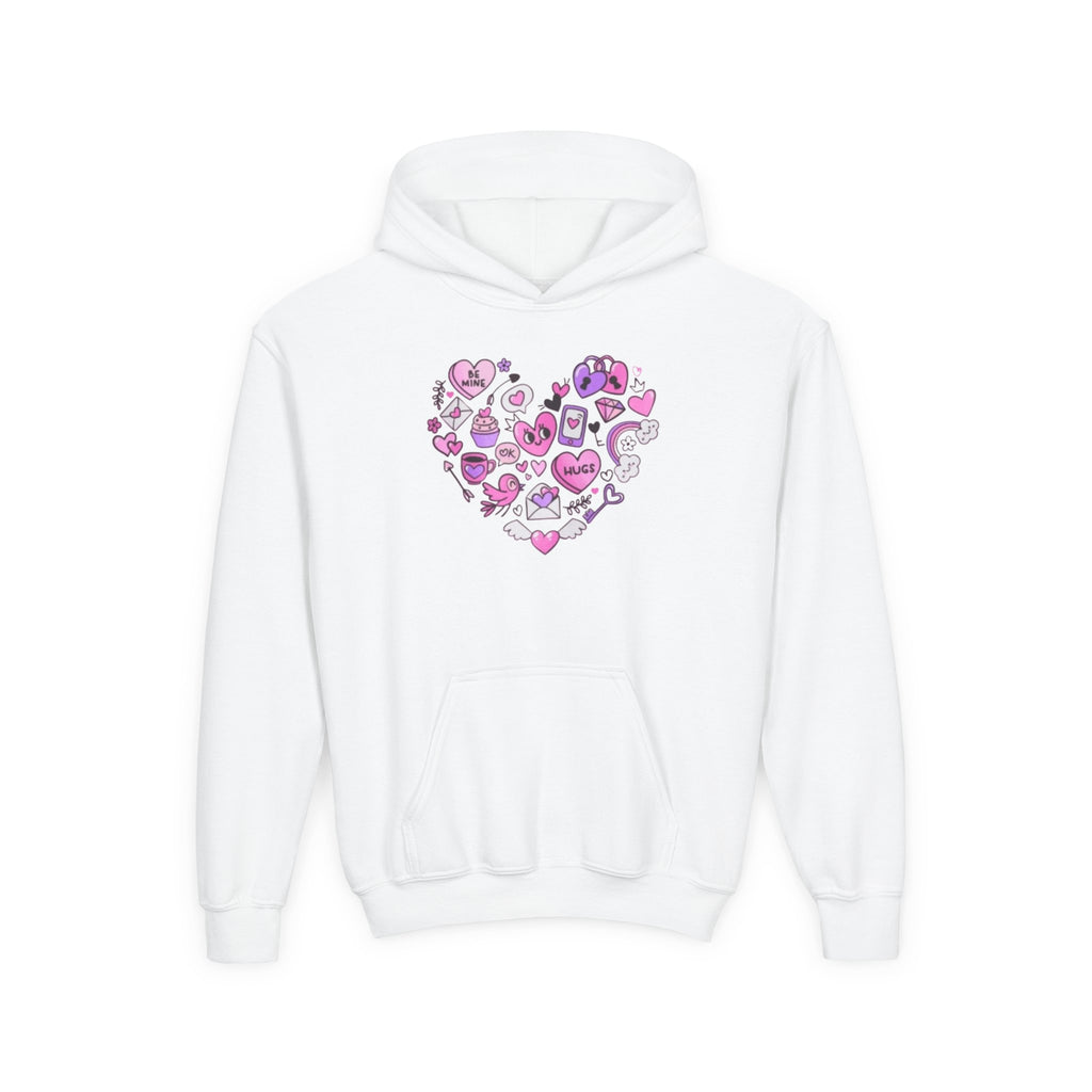 Youth Heart Doodle Hoodie — Pink Valentine Love Graphic Sweatshirt