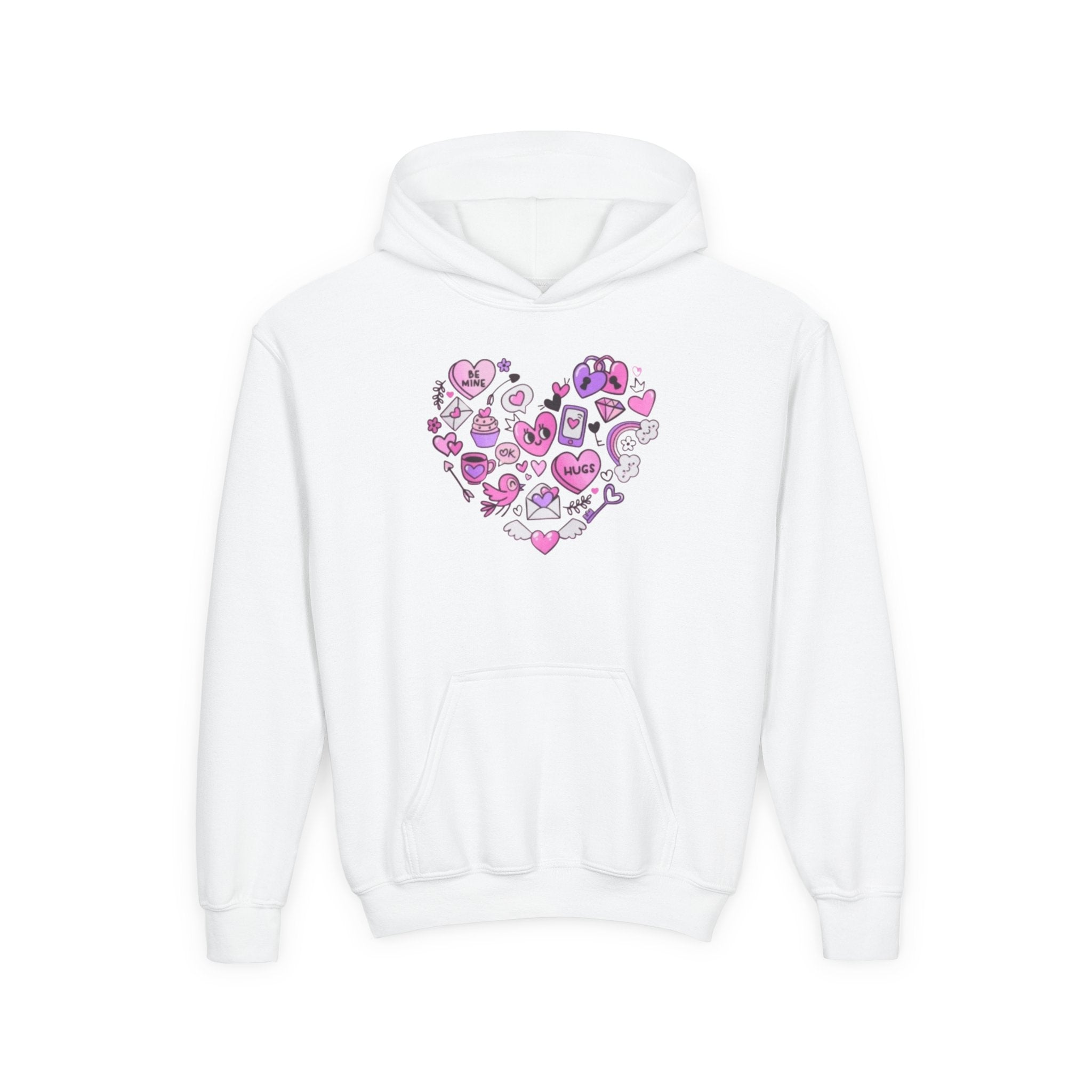 Youth Heart Doodle Hoodie — Pink Valentine Love Graphic Sweatshirt